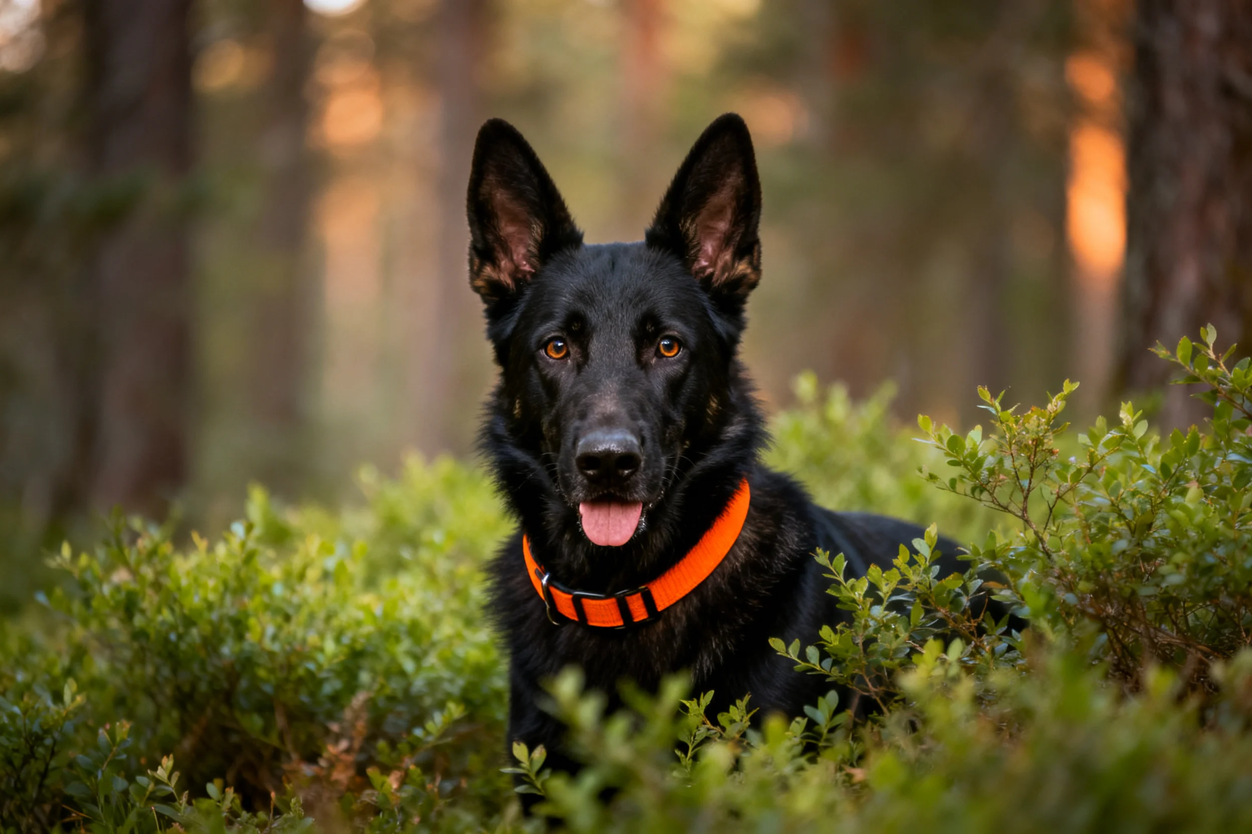 德国牧羊犬戴着橙色项圈,耳朵竖立,周围是绿色灌木丛。