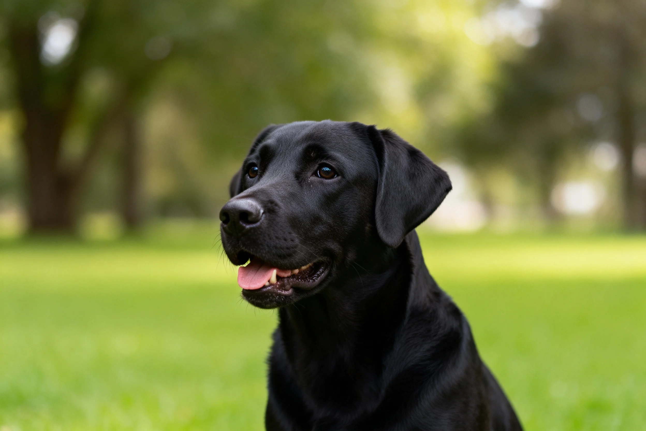 一只黑色的拉布拉多猎犬,嘴巴张开露出粉色舌头,安静地坐在草地上。