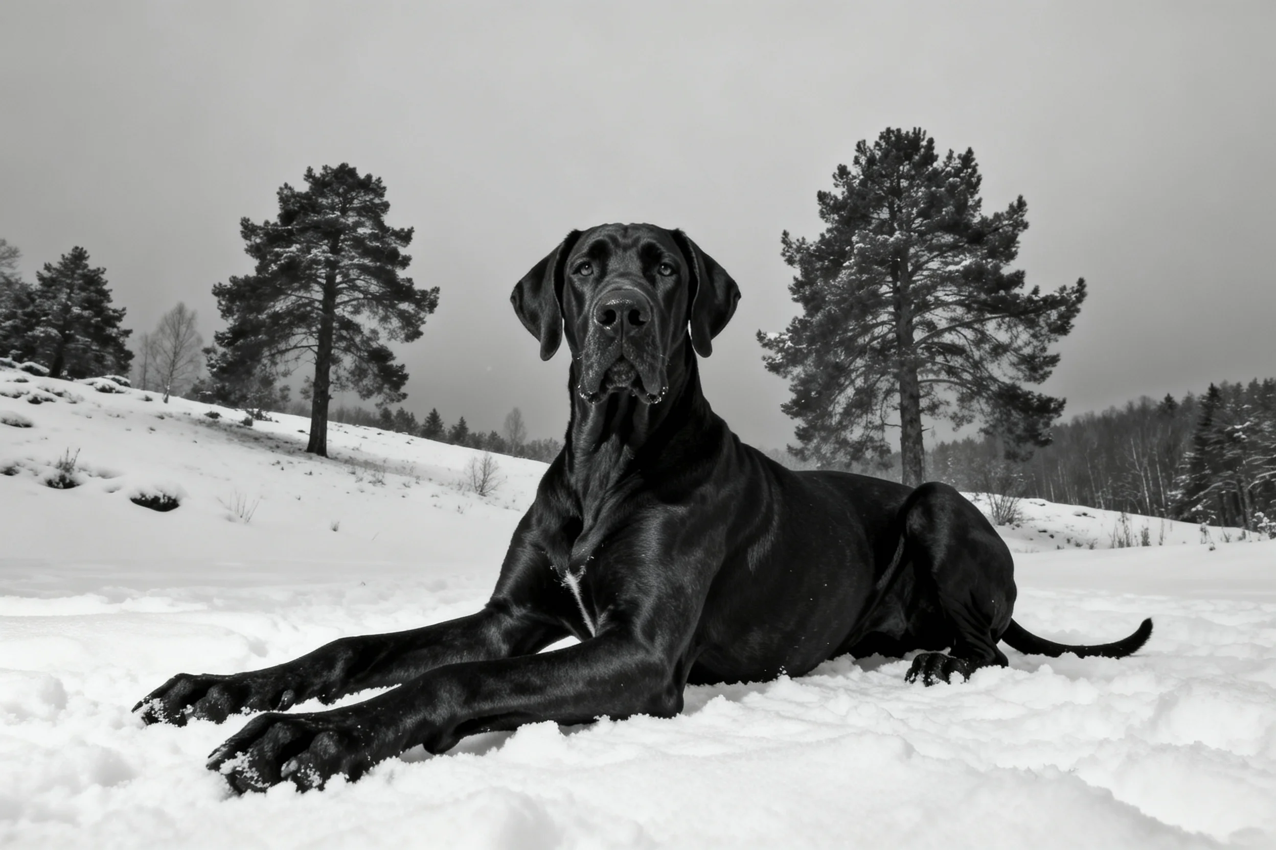 大丹犬安静趴在雪地上,黑色毛发与雪地形成鲜明对比,前肢舒展姿态优雅。