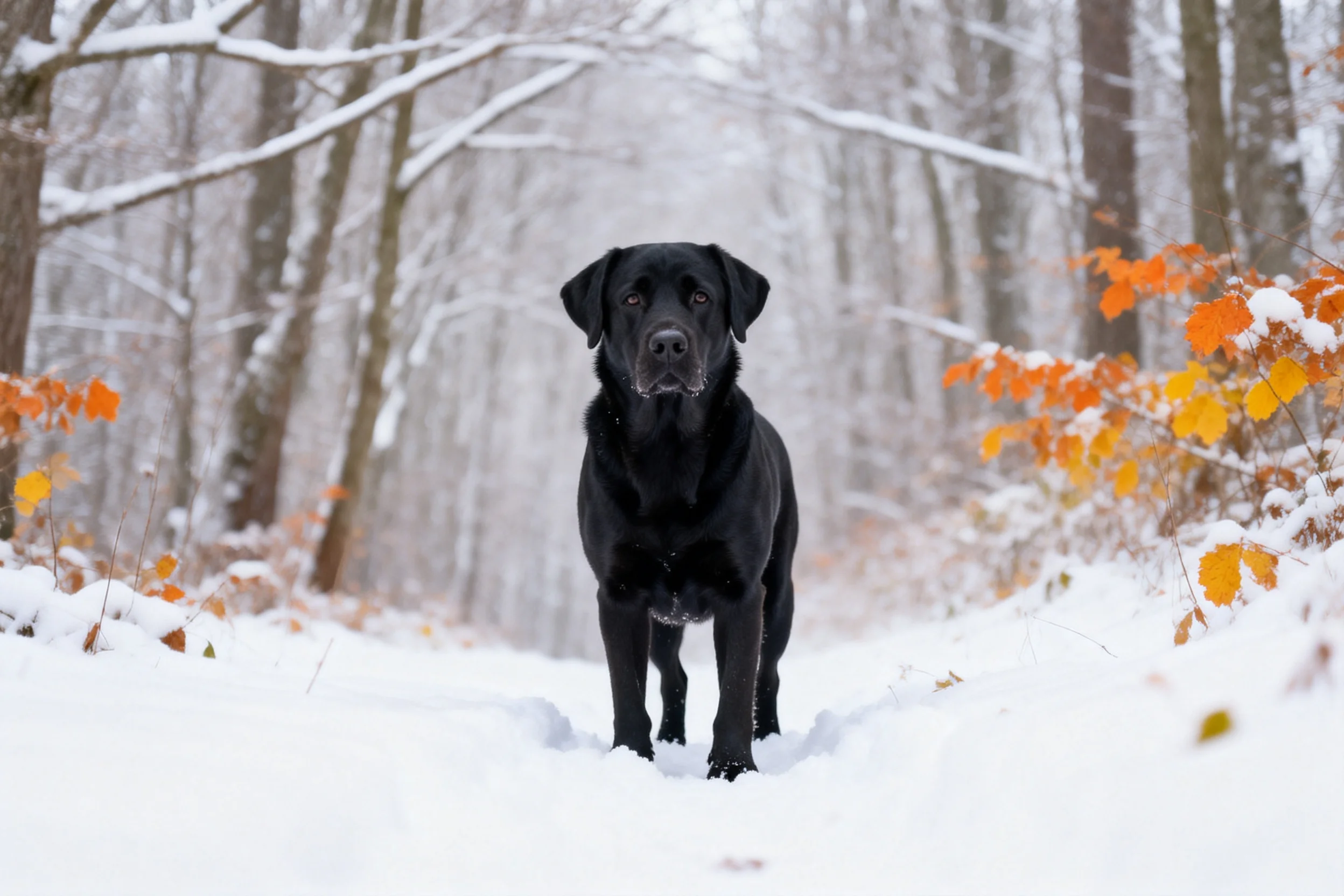 一只黑色的拉布拉多猎犬站在被雪覆盖的林间小径上,短而浓密的黑色毛发与白色雪地形成鲜明对比。