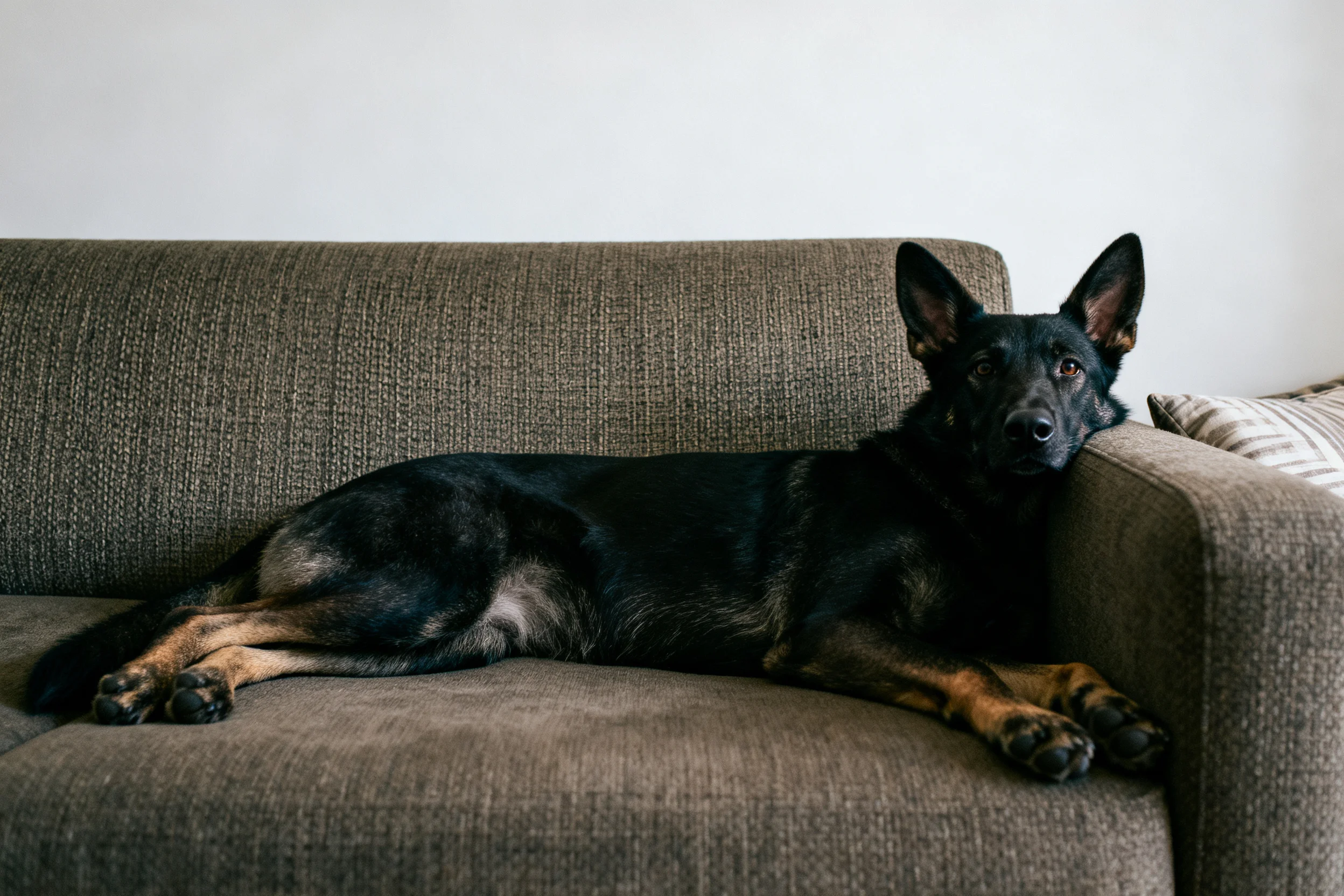 一只德牧犬趴在灰色沙发上,头部靠在沙发扶手上,黑色带浅棕色斑纹的毛发清晰可见。