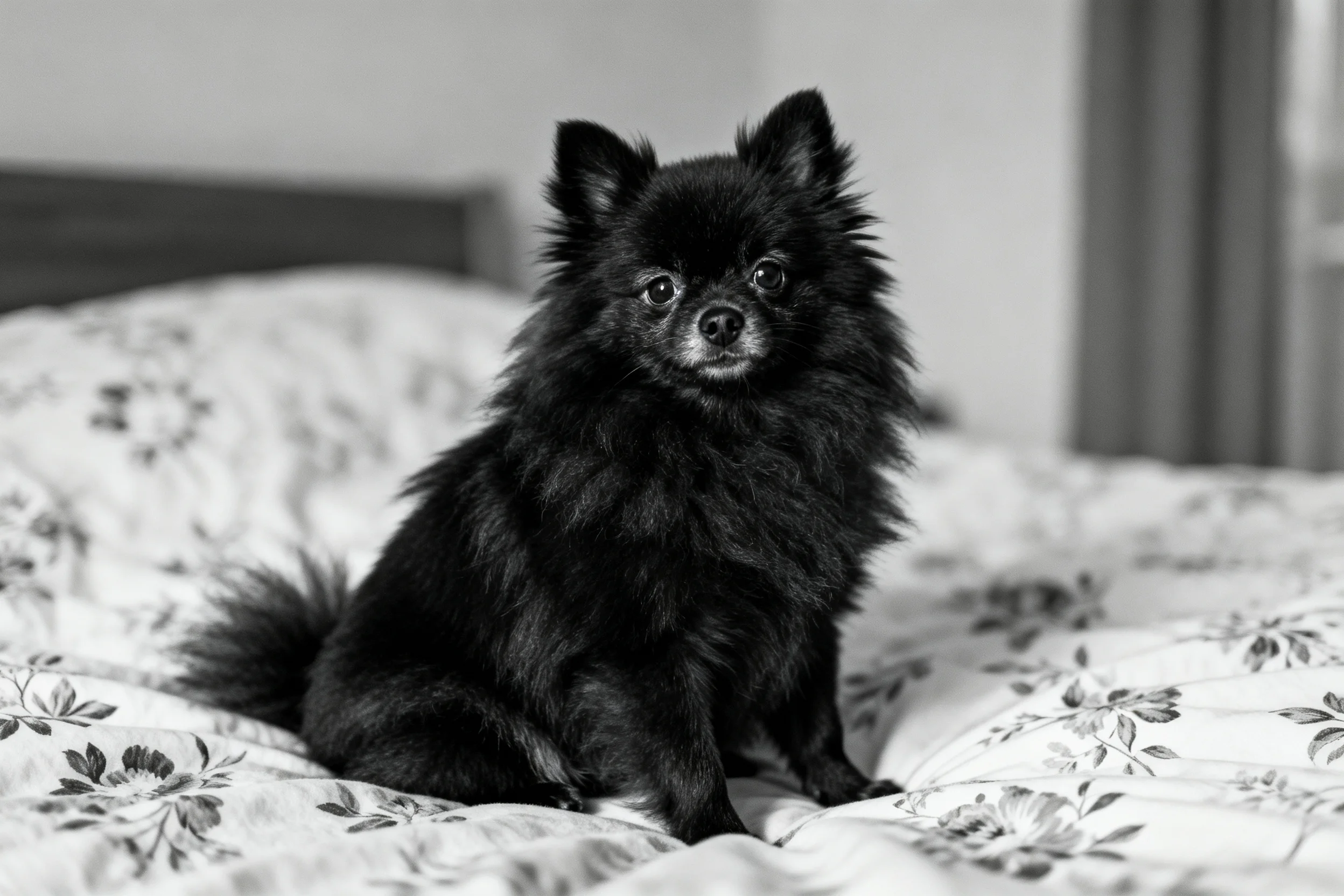 一只黑色的博美犬正坐在有花卉图案的床上,浓密的黑色毛发蓬松,眼神专注。