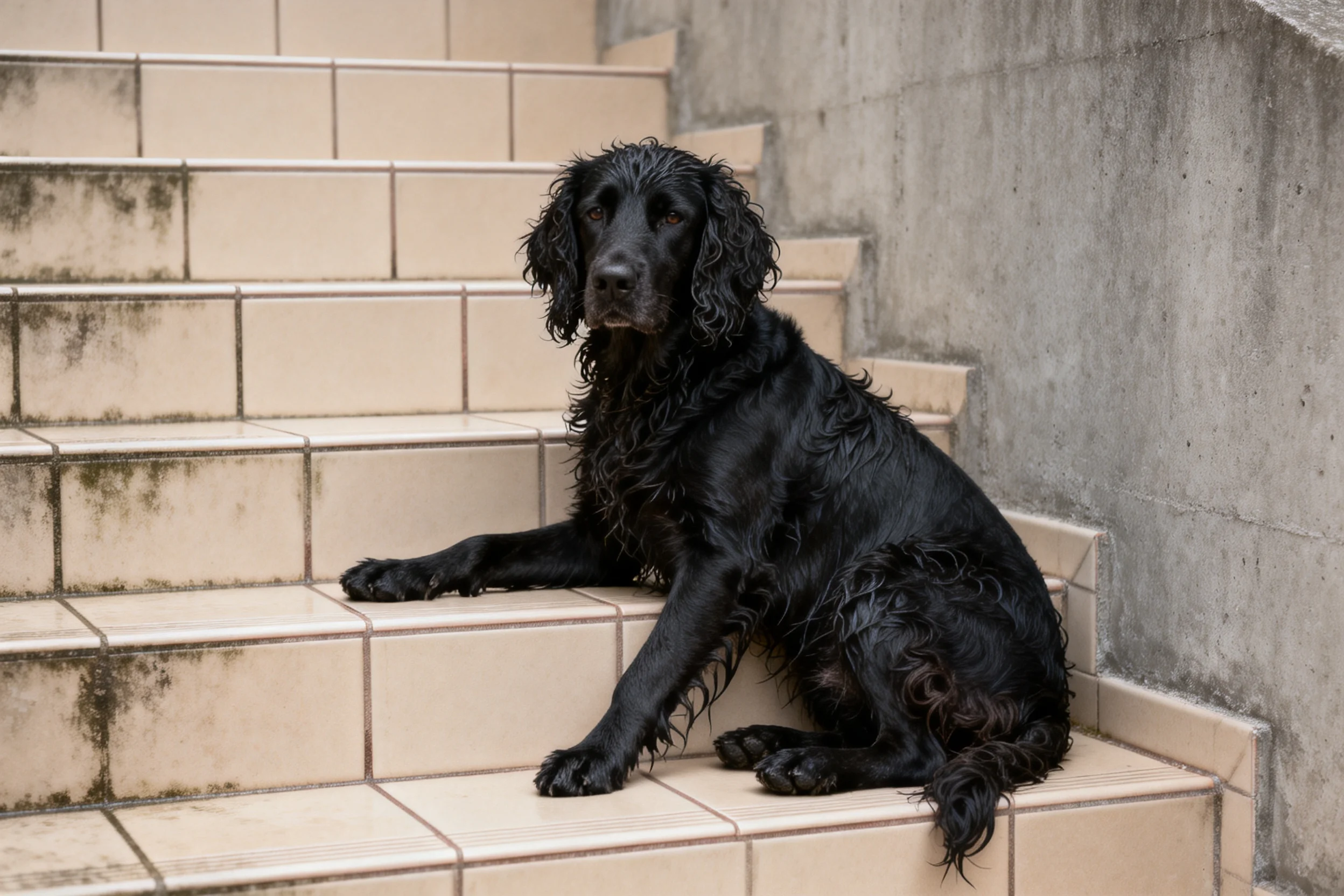 黑长卷毛猎犬安静地坐在台阶上，黑色的卷毛湿润贴附在身体表面。