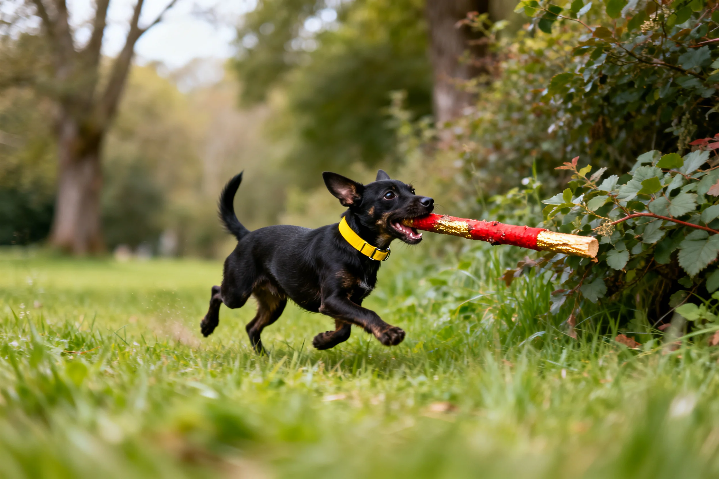 阿尔萨斯梗犬叼着红金色玩具,黑色的被毛油亮,奔跑姿态矫健。