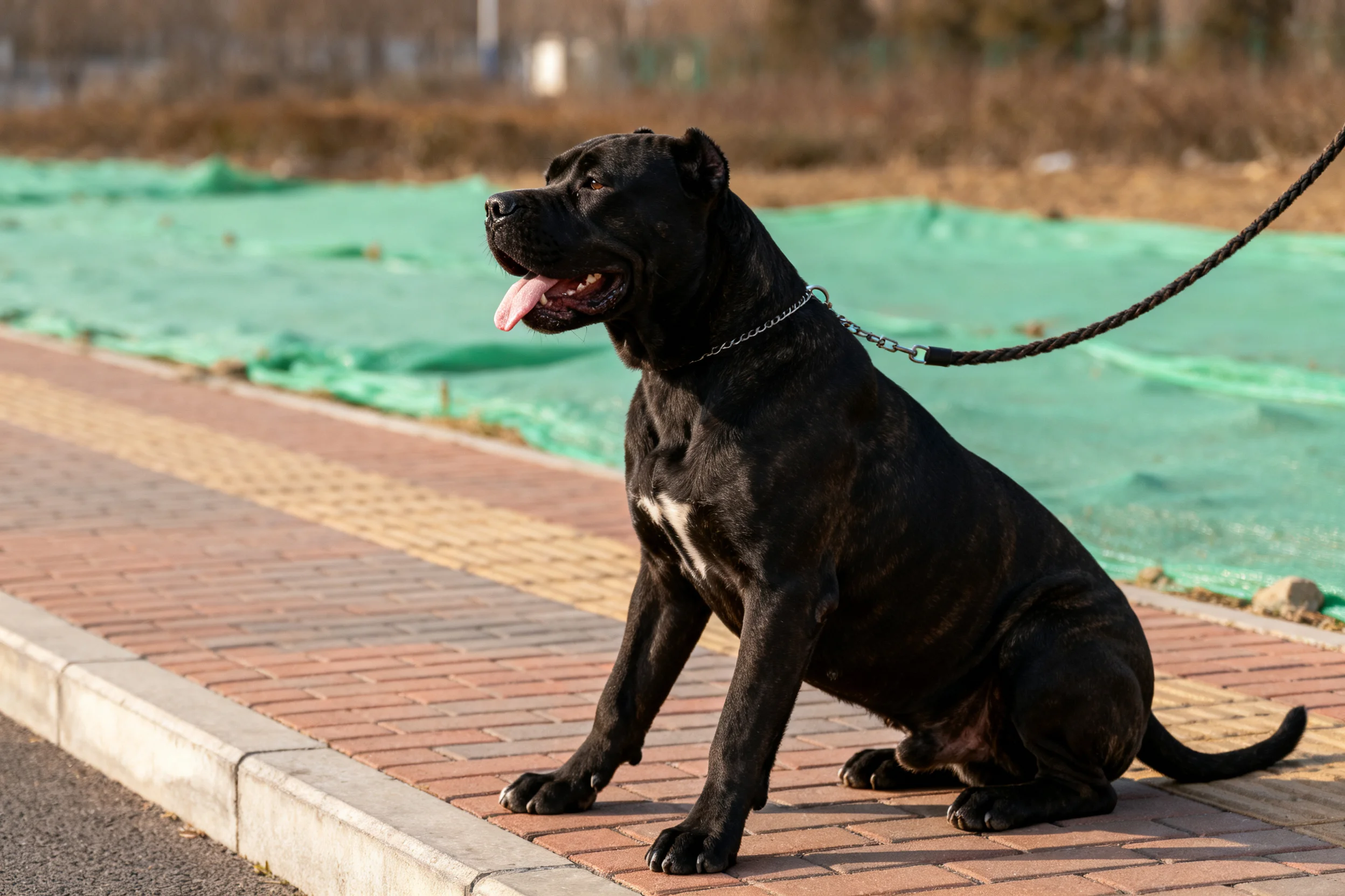 卡斯罗犬黑色被毛短而紧实，胸部有白色标记，正坐在砖石步道上。