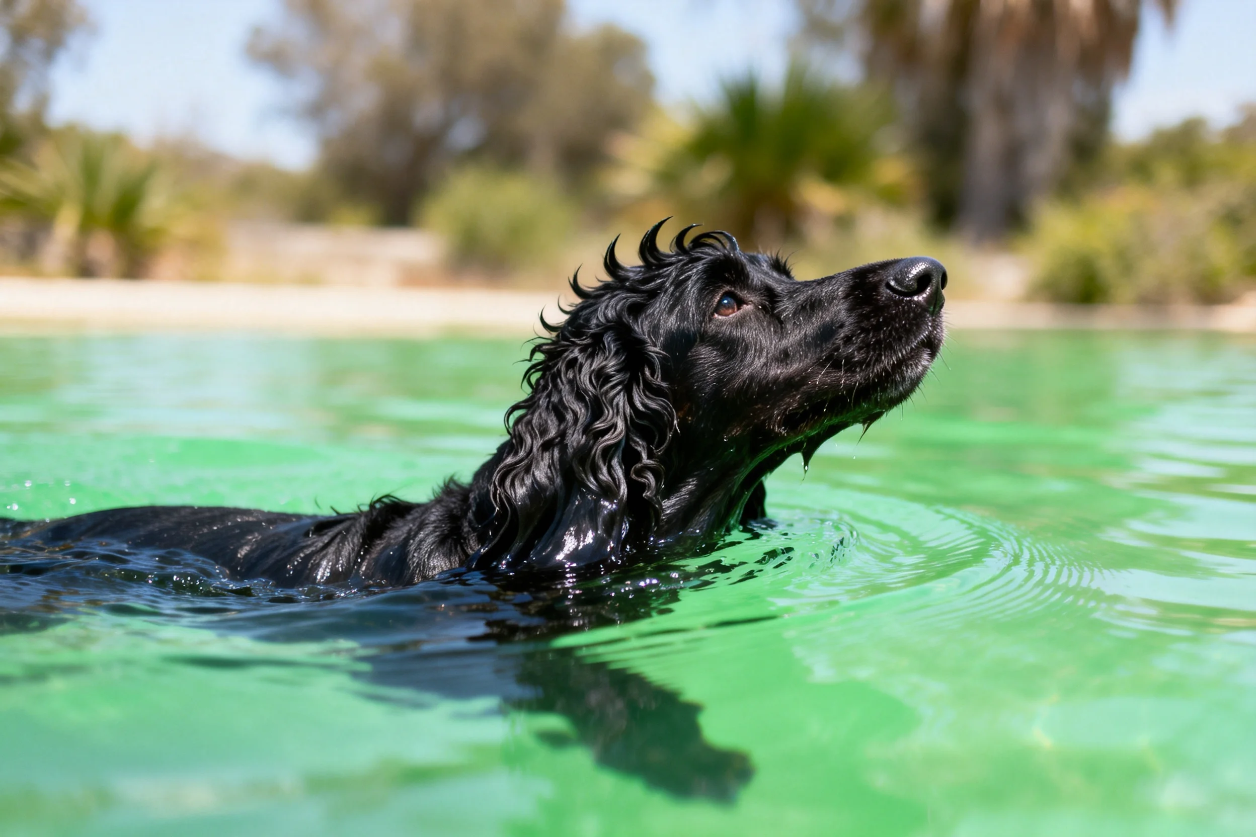 黑色可卡犬在水中游泳,卷毛湿润贴在额头,眼神专注。