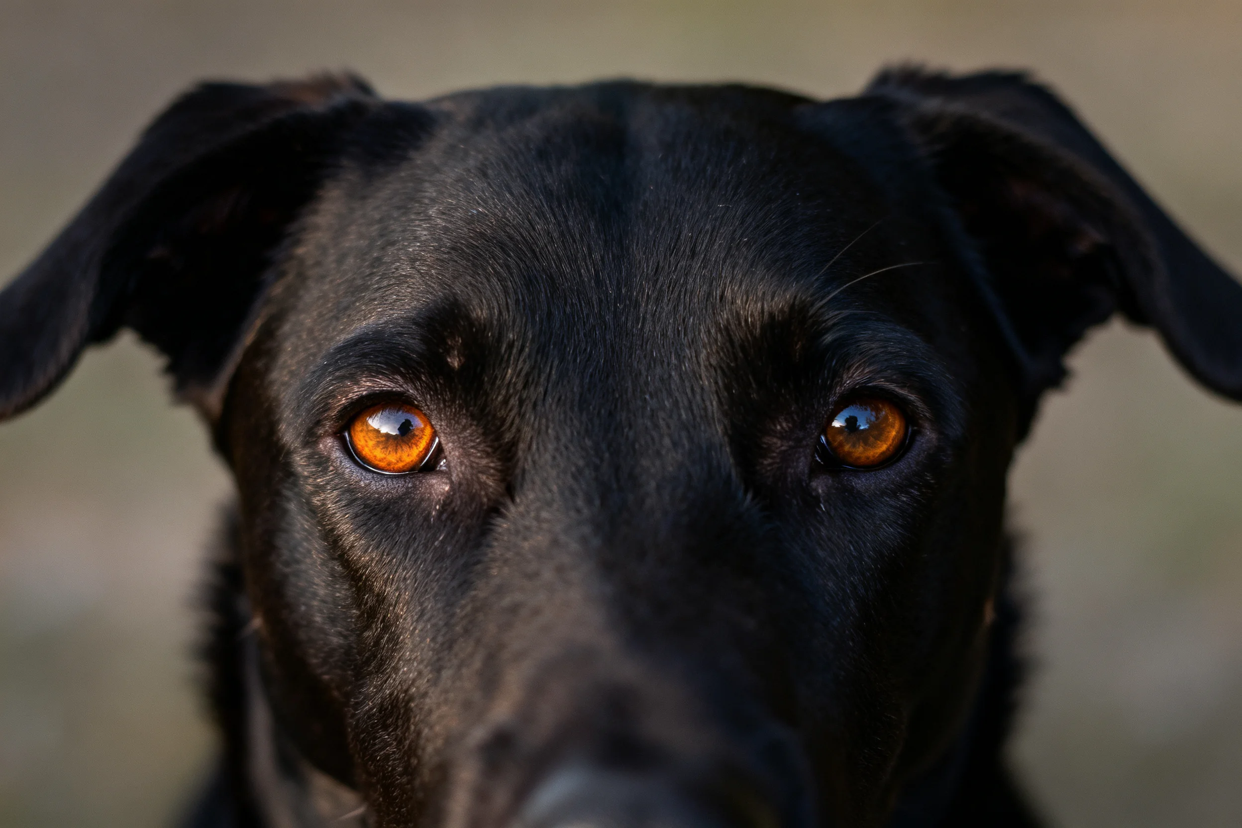 黑色拉布拉多犬,琥珀色眼睛明亮清澈,短而浓密的黑色被毛。