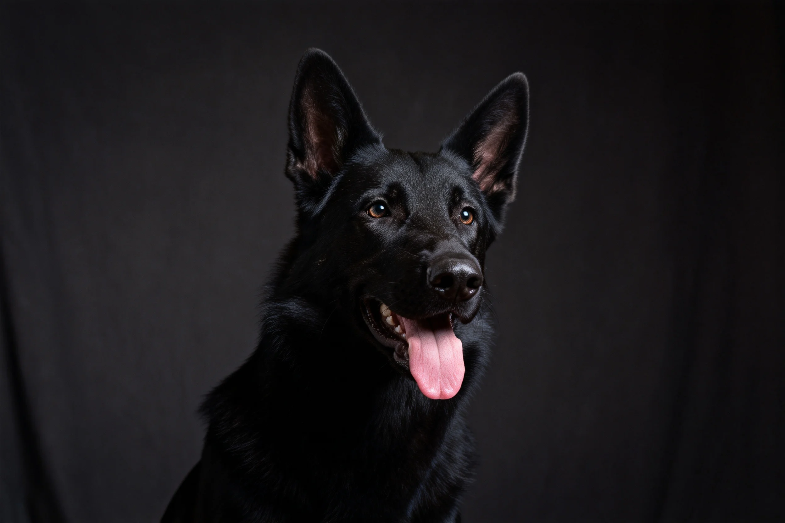 一只黑色德牧犬,嘴巴张开露出湿润的粉色舌头,处于纯黑色背景中。