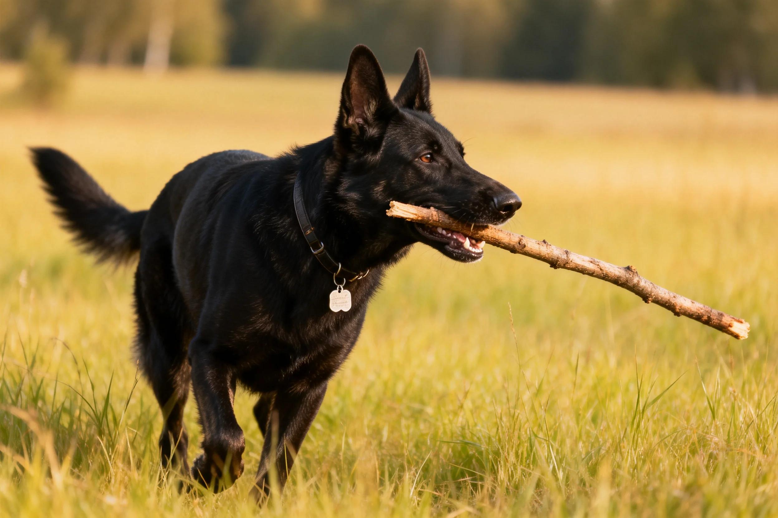 黑色德牧犬叼着表面带树皮纹理的木棍奔跑,黑色的被毛顺滑有光泽。