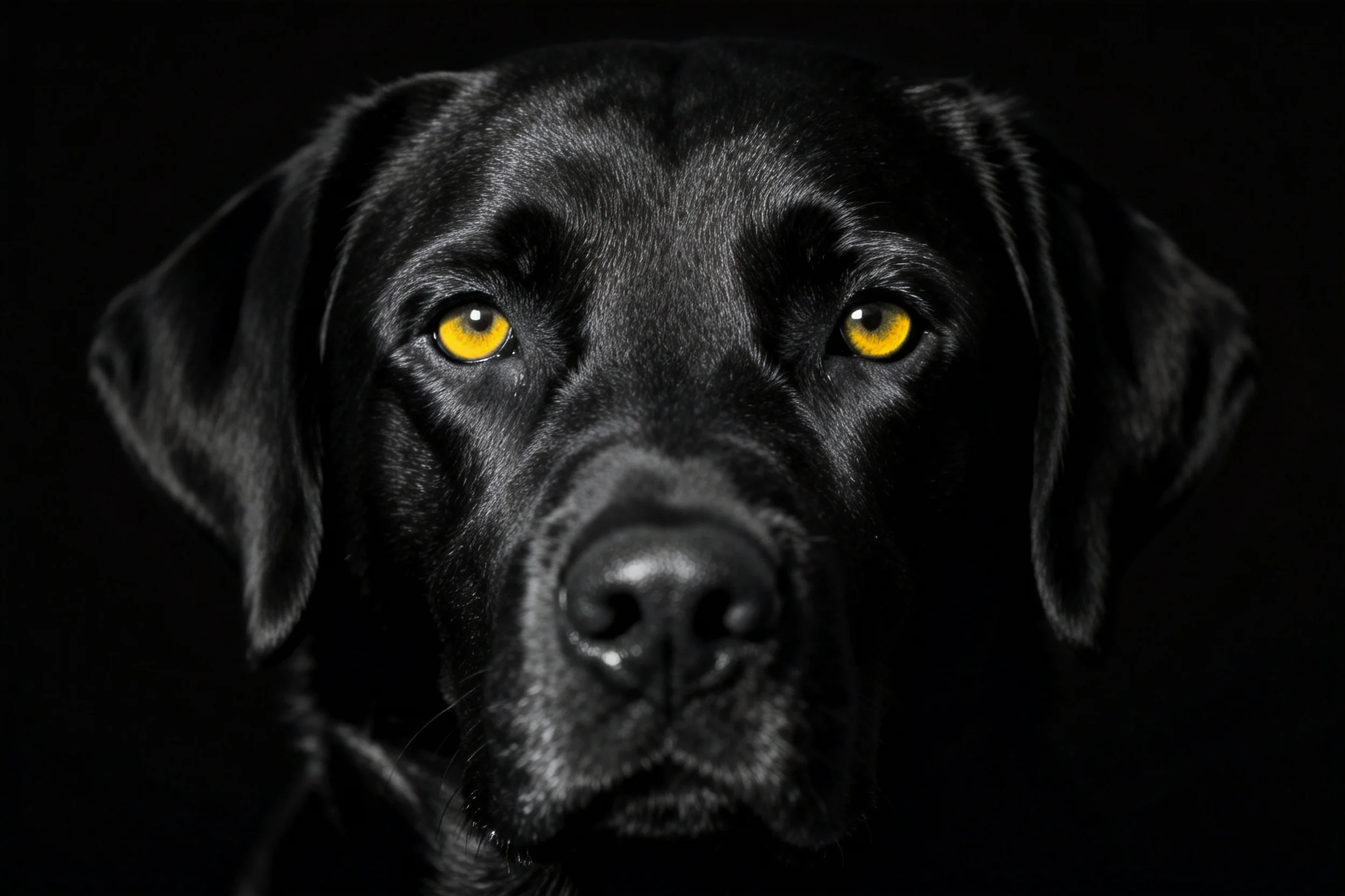 黑色拉布拉多猎犬拥有明亮黄色眼睛,短而顺滑的黑色毛发覆盖面部。