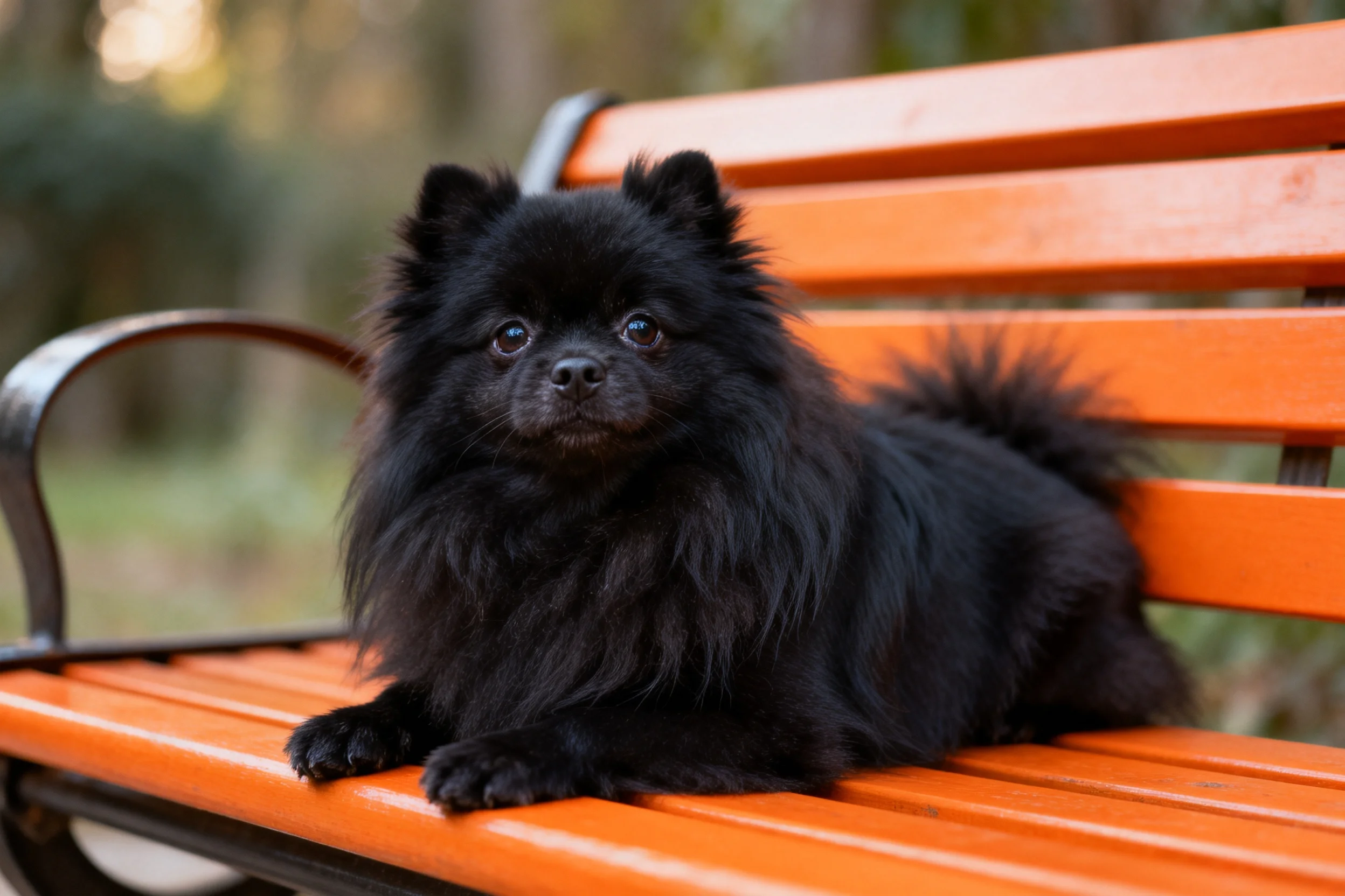 一只黑色的博美犬,毛发浓密蓬松地趴在橙色的长椅上,眼神明亮注视前方。