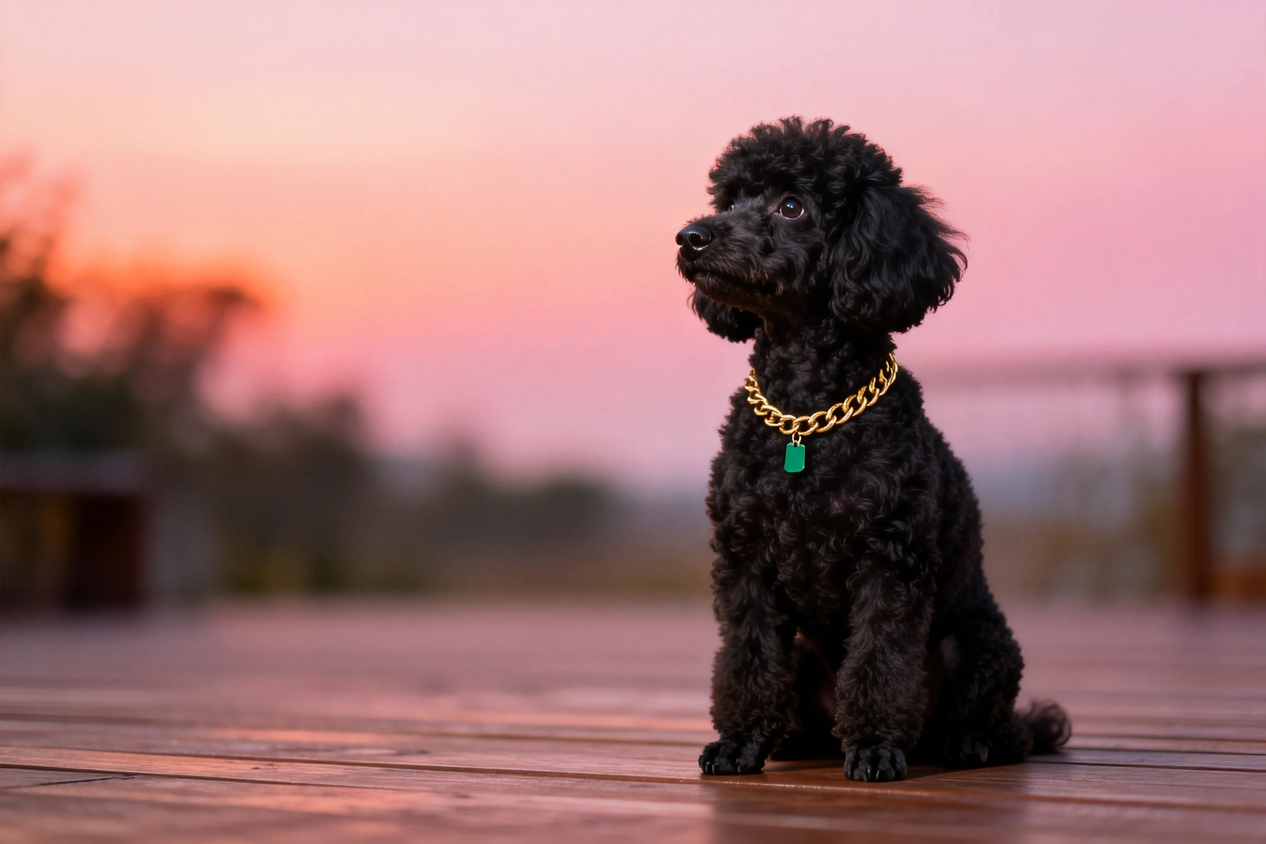 一只脖颈挂着金色链条项圈的黑色贵宾犬安静地坐在木地板上。
