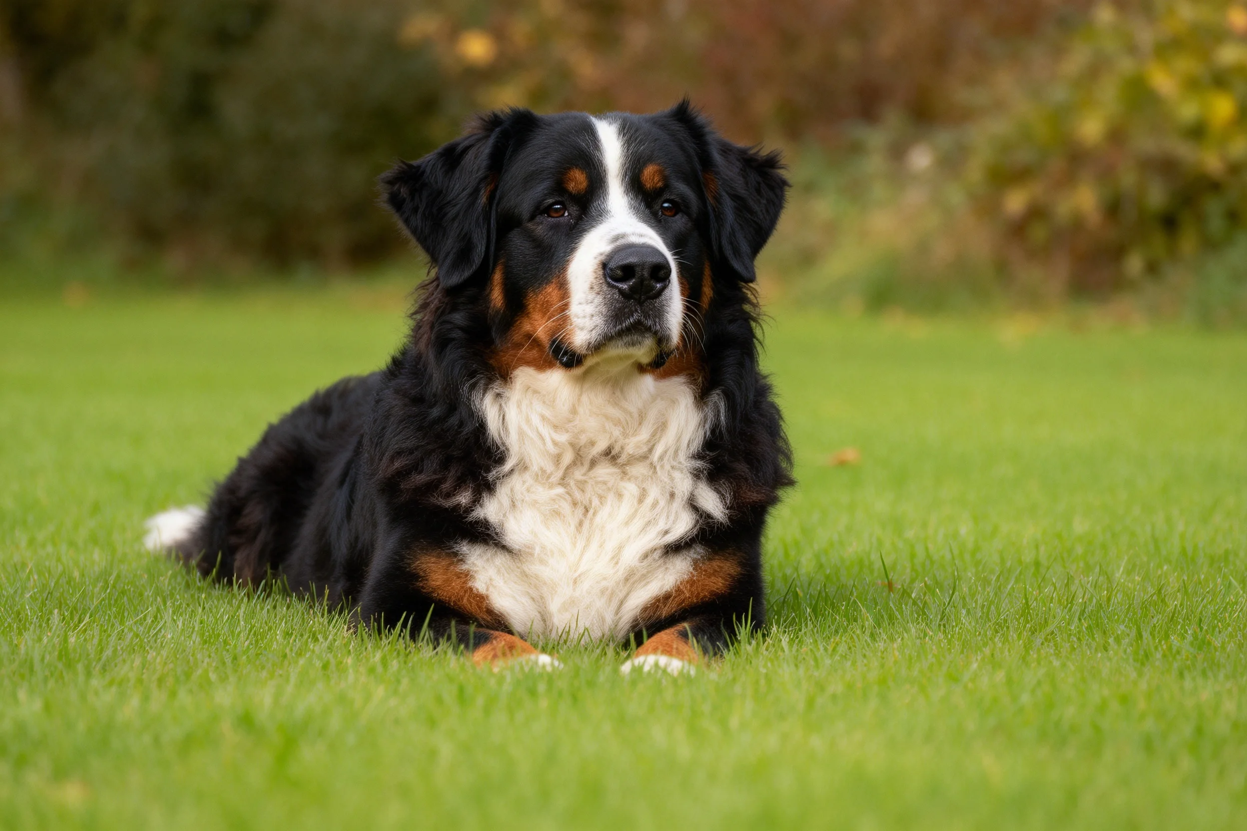 伯恩山犬趴在绿色草地上,白色胸部和棕色腿部清晰可见。