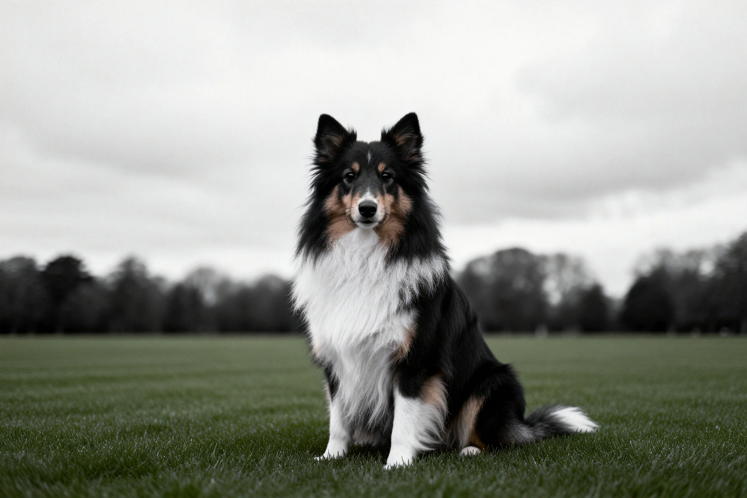 设得兰牧羊犬安静地坐在草地上,黑白相间的毛发清晰可见。