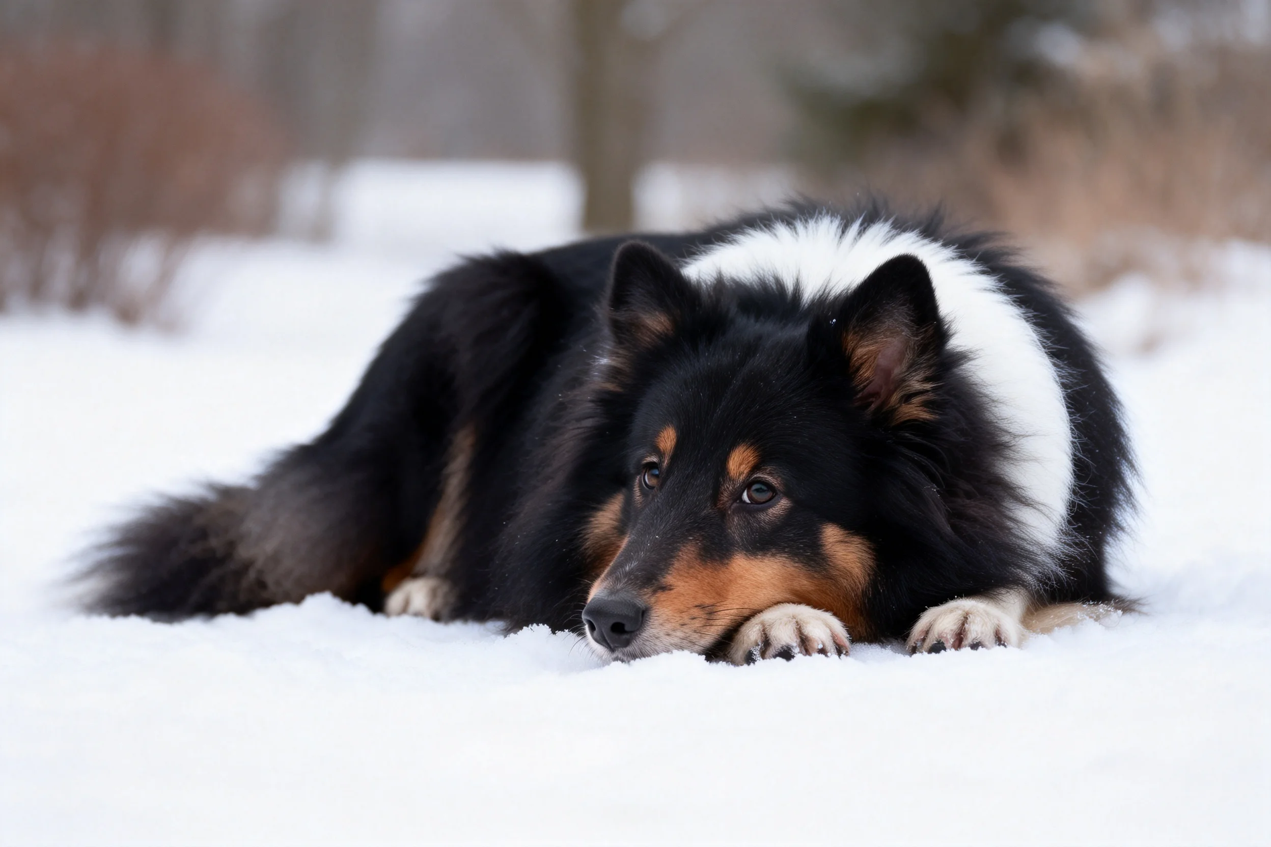 边境牧羊犬趴卧在雪地上,黑色的毛发带有白色斑块,前爪平放在雪面,毛发蓬松柔软。