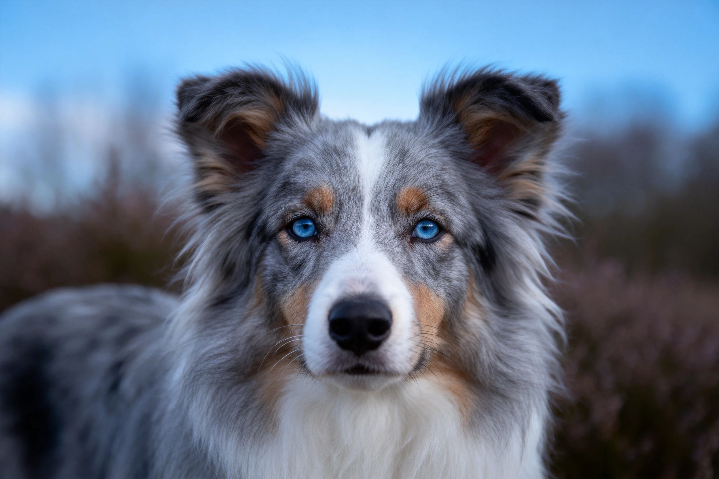 一只蓝眼睛的边境牧羊犬,灰色与白色相间的被毛,眼神专注地注视着镜头方向。