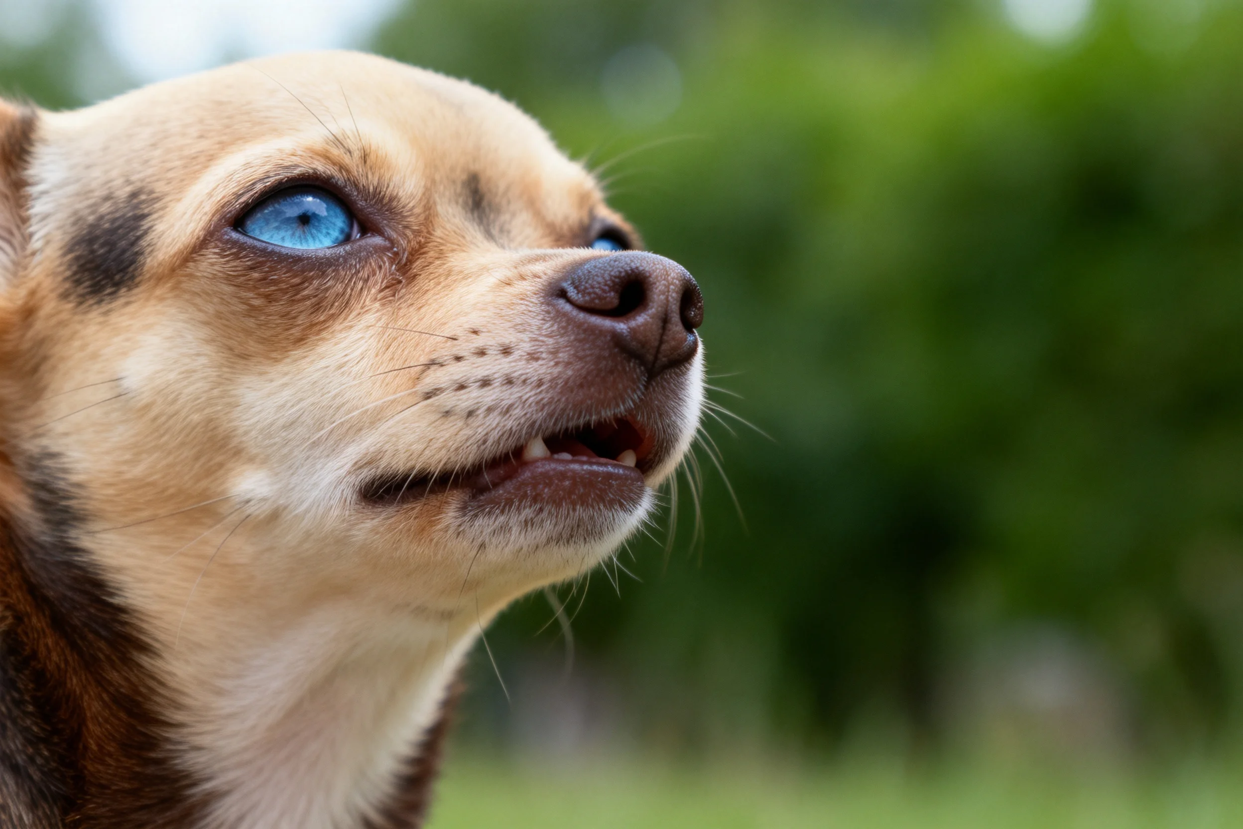 吉娃娃犬有着明亮的蓝色眼眸,浅棕色毛发带有深色斑纹,嘴巴微张展现神态。