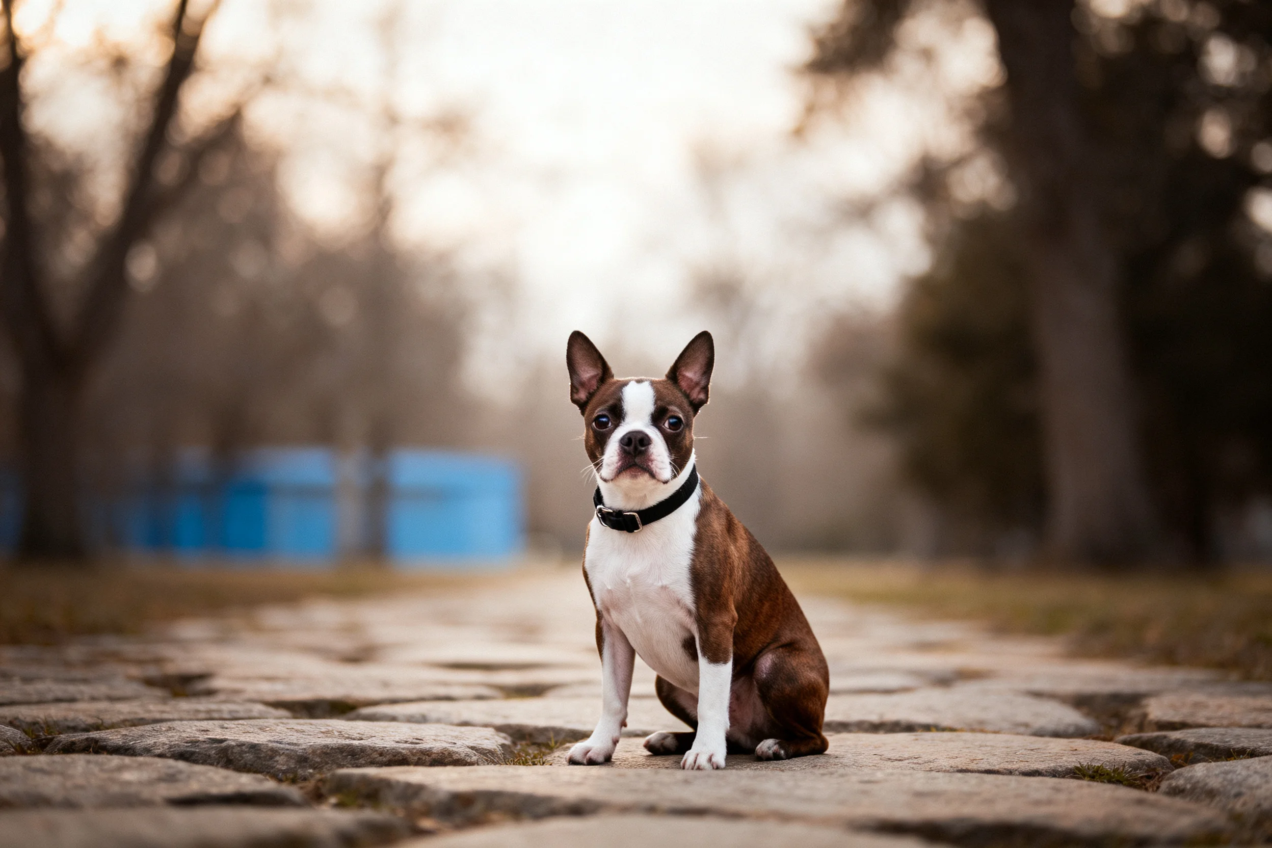 波士顿梗犬安静地坐在石板路上,棕白相间的被毛清晰可见。