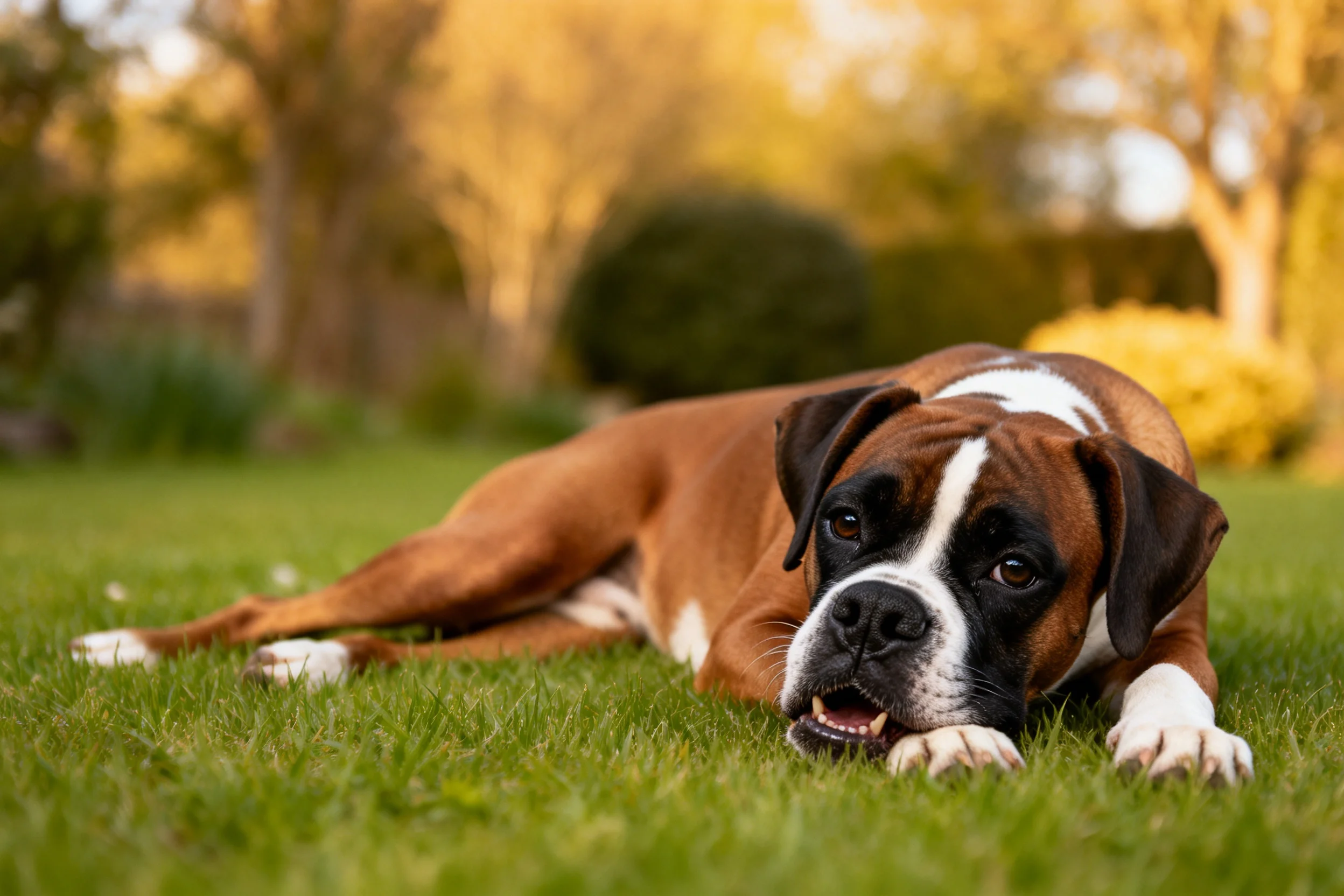 拳师犬嘴巴微张趴在草坪上，棕白黑相间的毛发清晰可见。