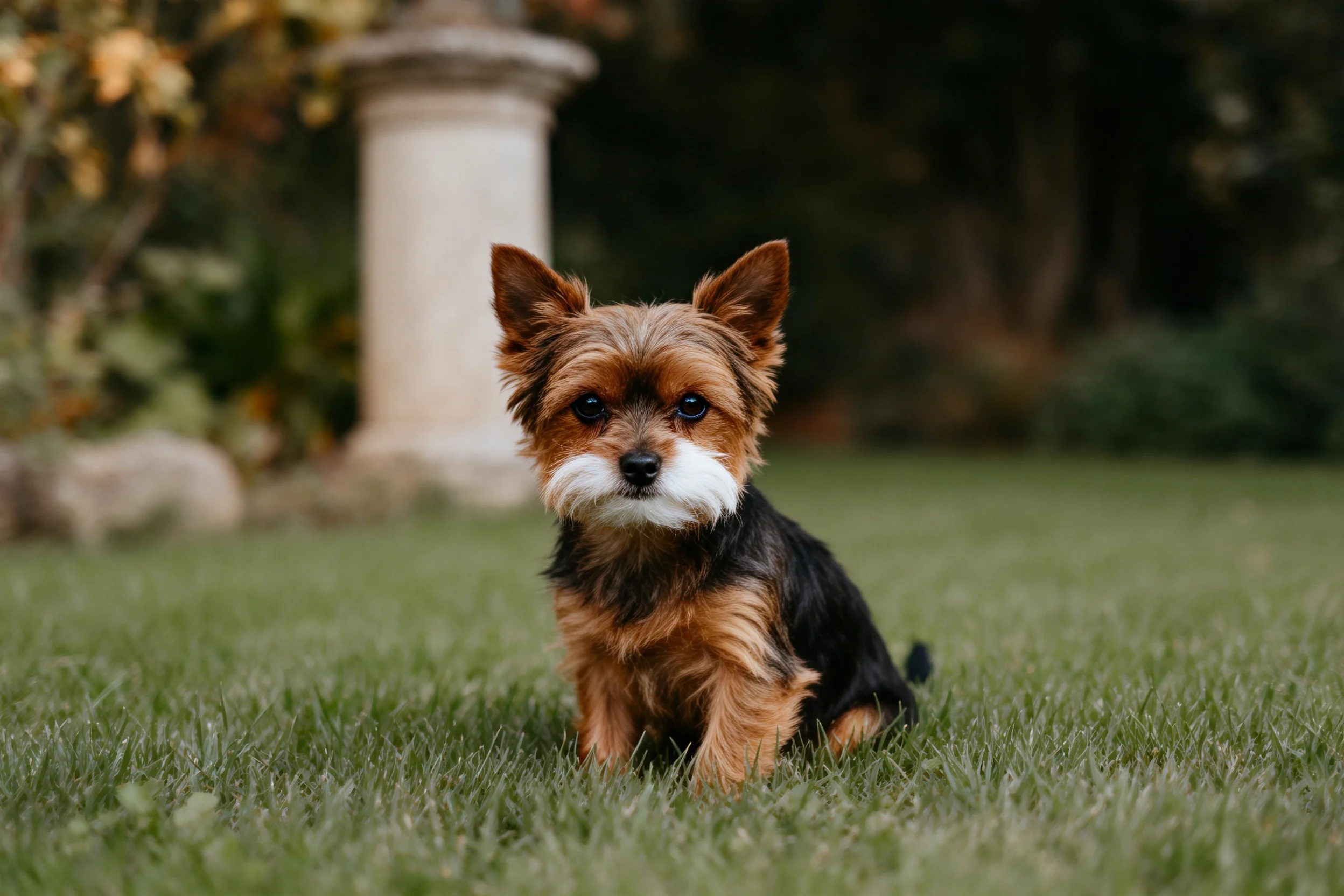 约克夏梗犬安静地坐在户外草坪上,黑棕相间的毛发和白色面部细节清晰可见,眼神专注。