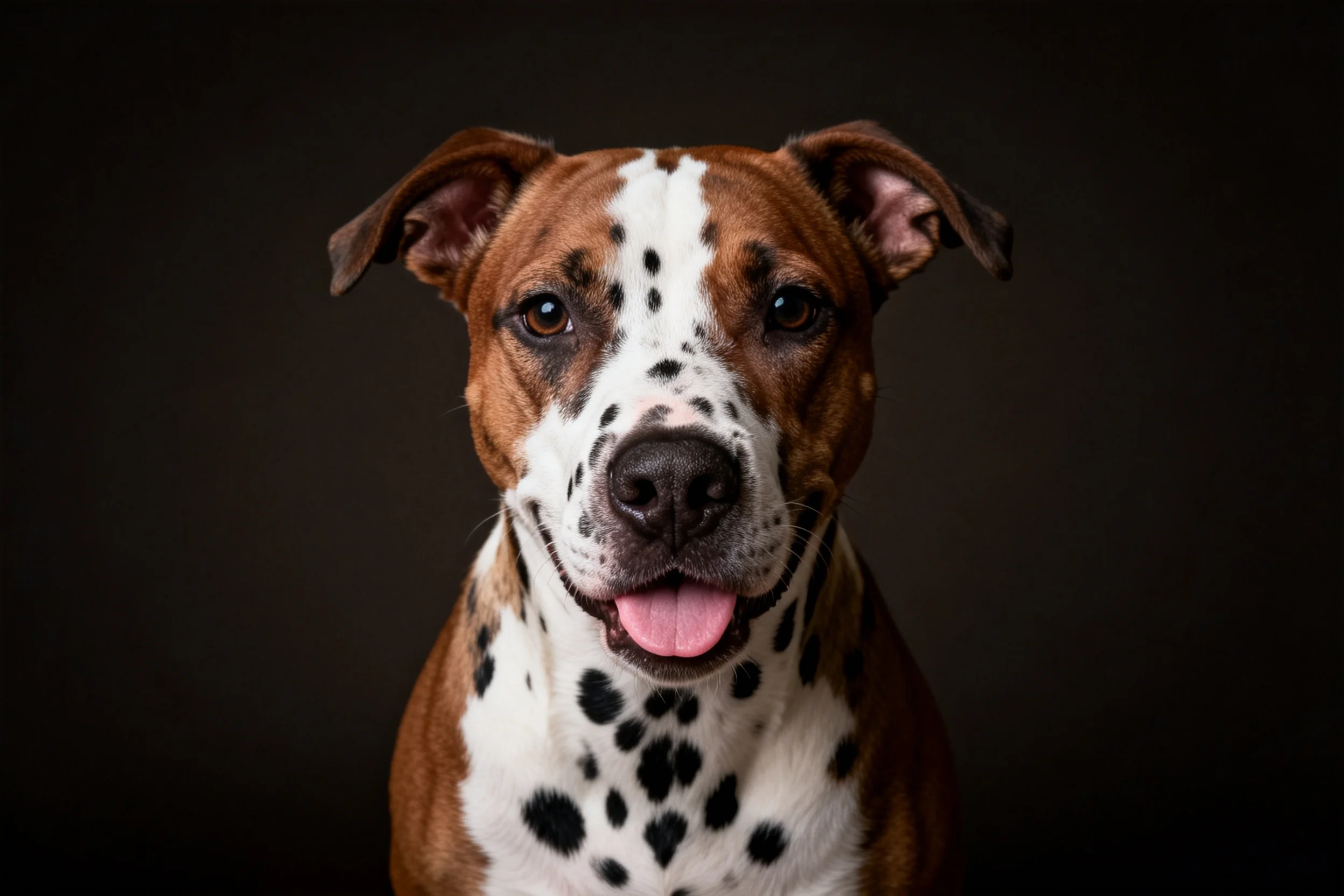 斑点混血犬有着棕白相间毛发,嘴巴张开露出湿润的粉色舌头。