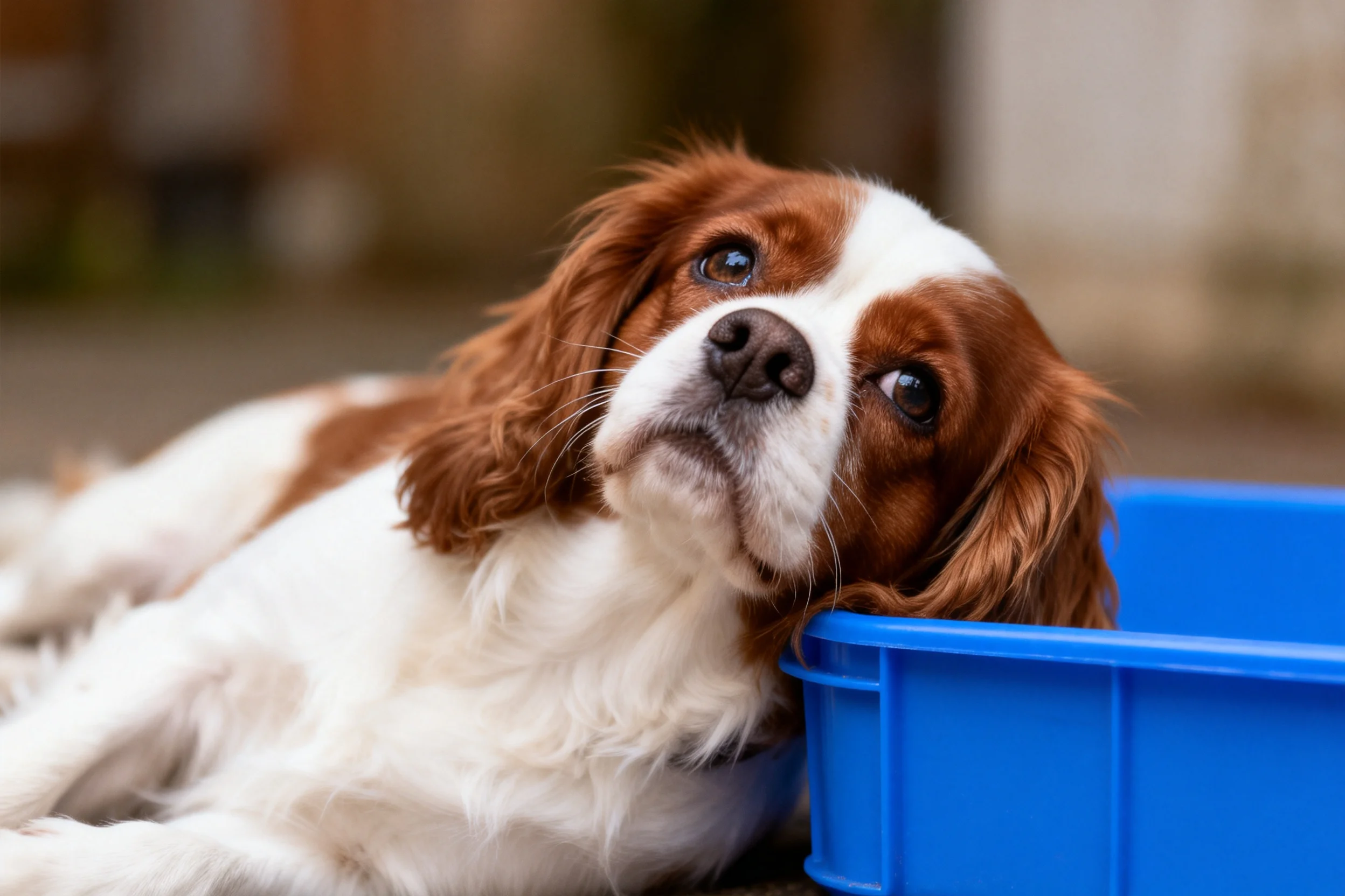 一只棕白相间的可卡犬将头部靠在蓝色塑料容器的边缘,毛发柔软贴附在容器上。