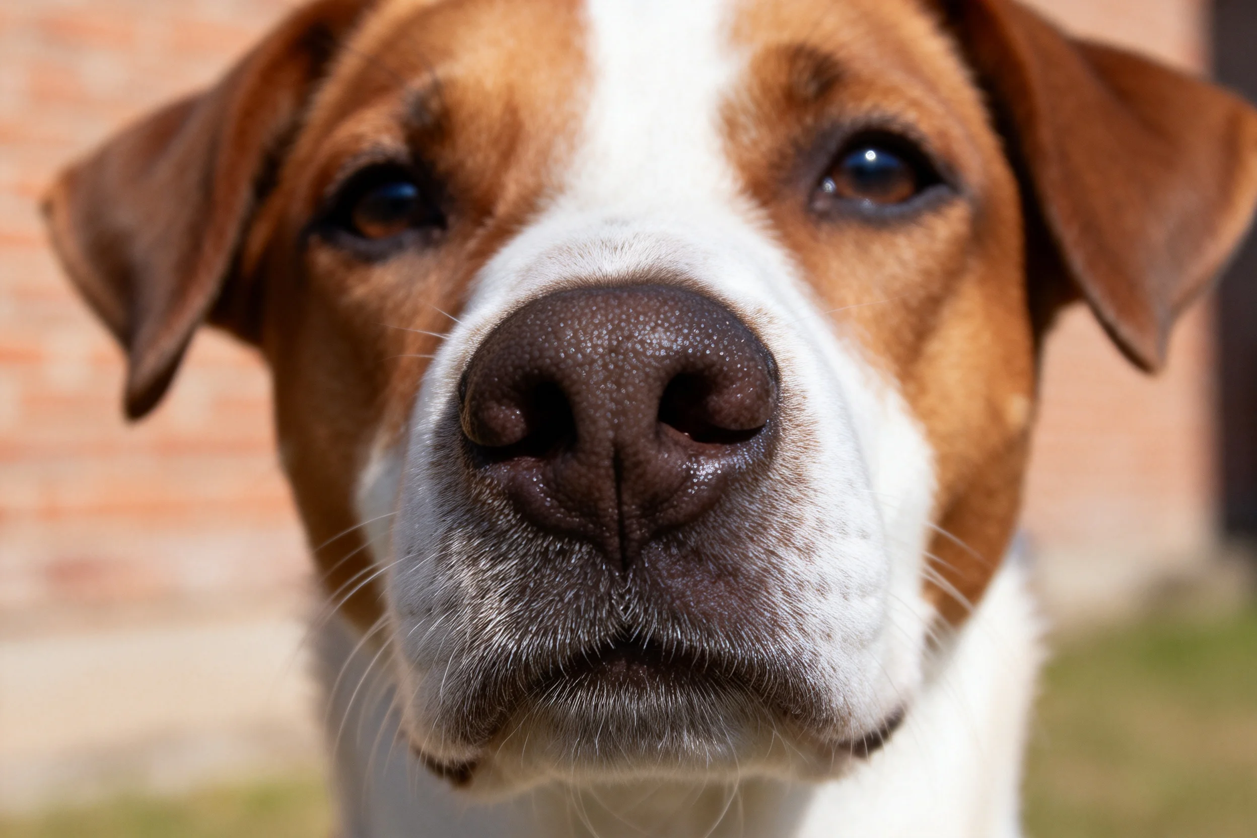 这只混血犬有着棕白相间的毛发,深棕色的鼻尖湿润且鼻孔轮廓清晰。