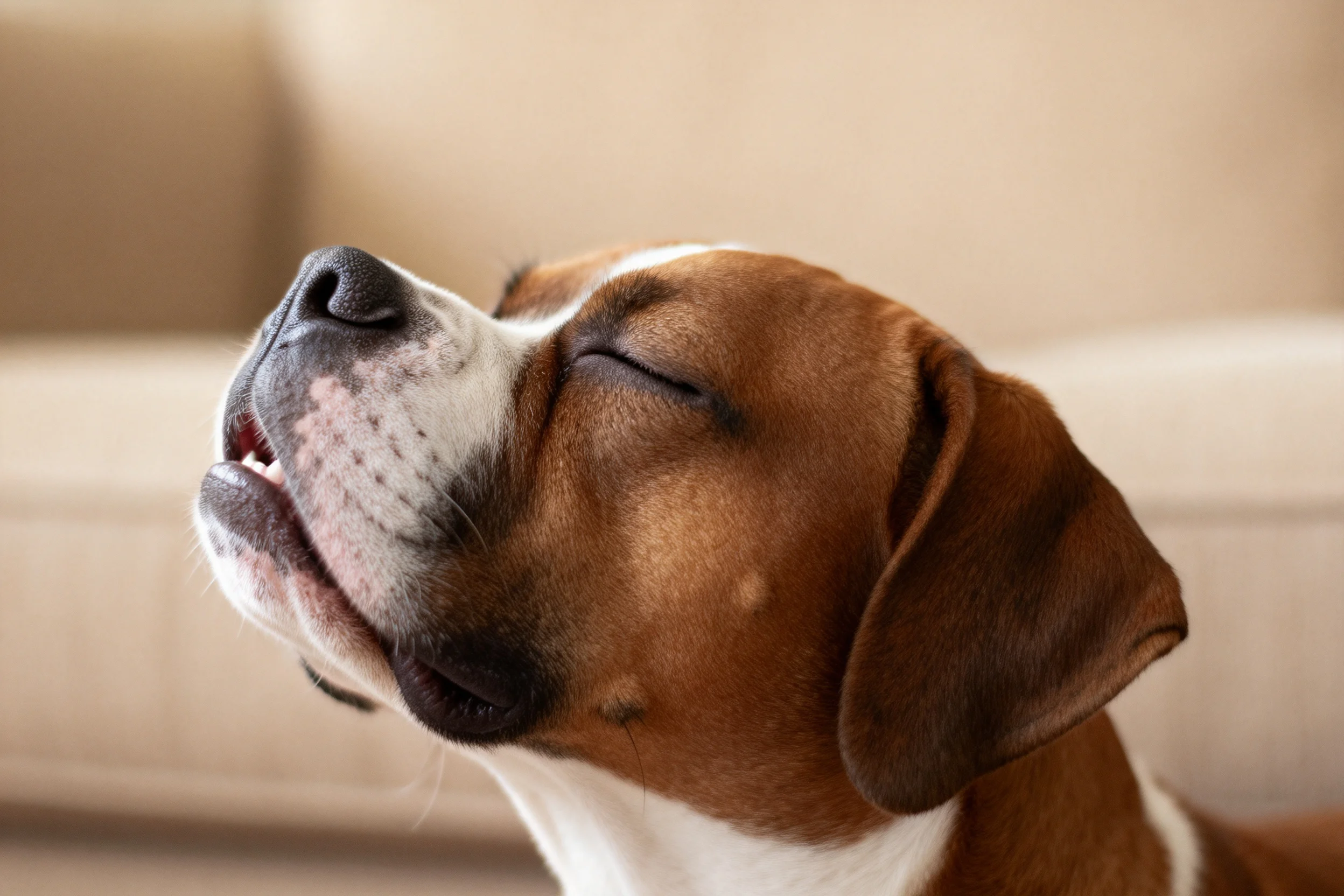 这只拳师犬双眼闭合,鼻端湿润,呈现出享受状态的特写镜头。