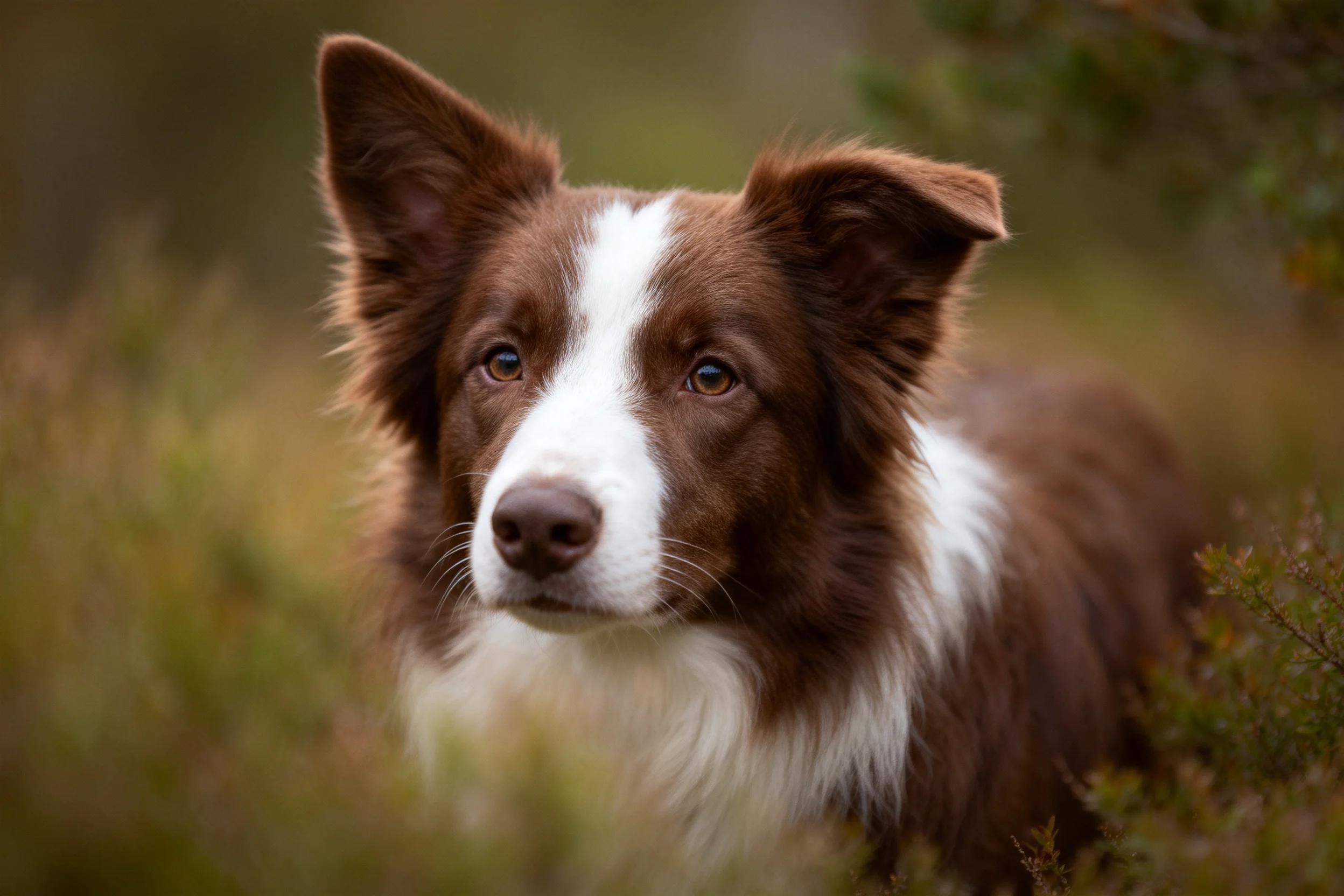 边境牧羊犬有着棕白相间的被毛,耳朵竖立,目光平静地凝视前方,毛发柔软蓬松。