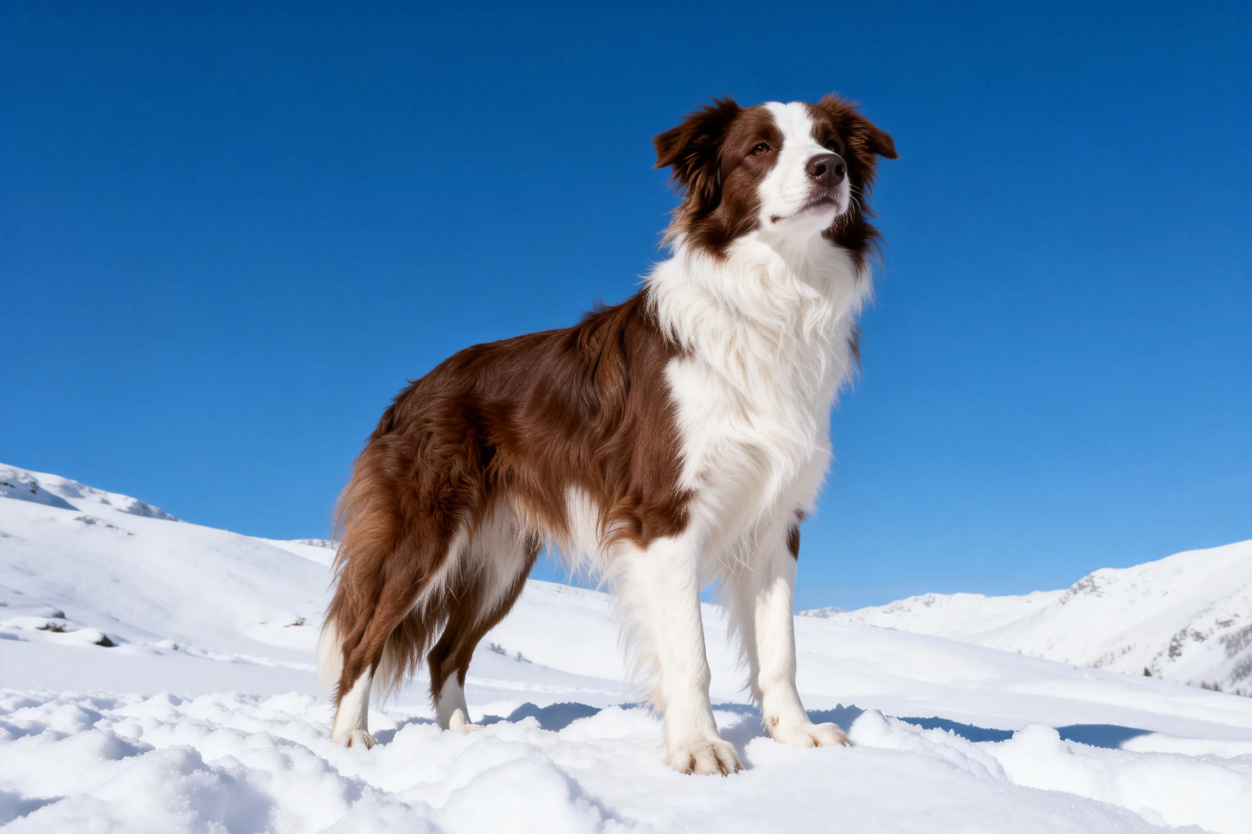 边境牧羊犬站立在雪地上，棕白相间的毛发在阳光下清晰可见，姿态警觉。