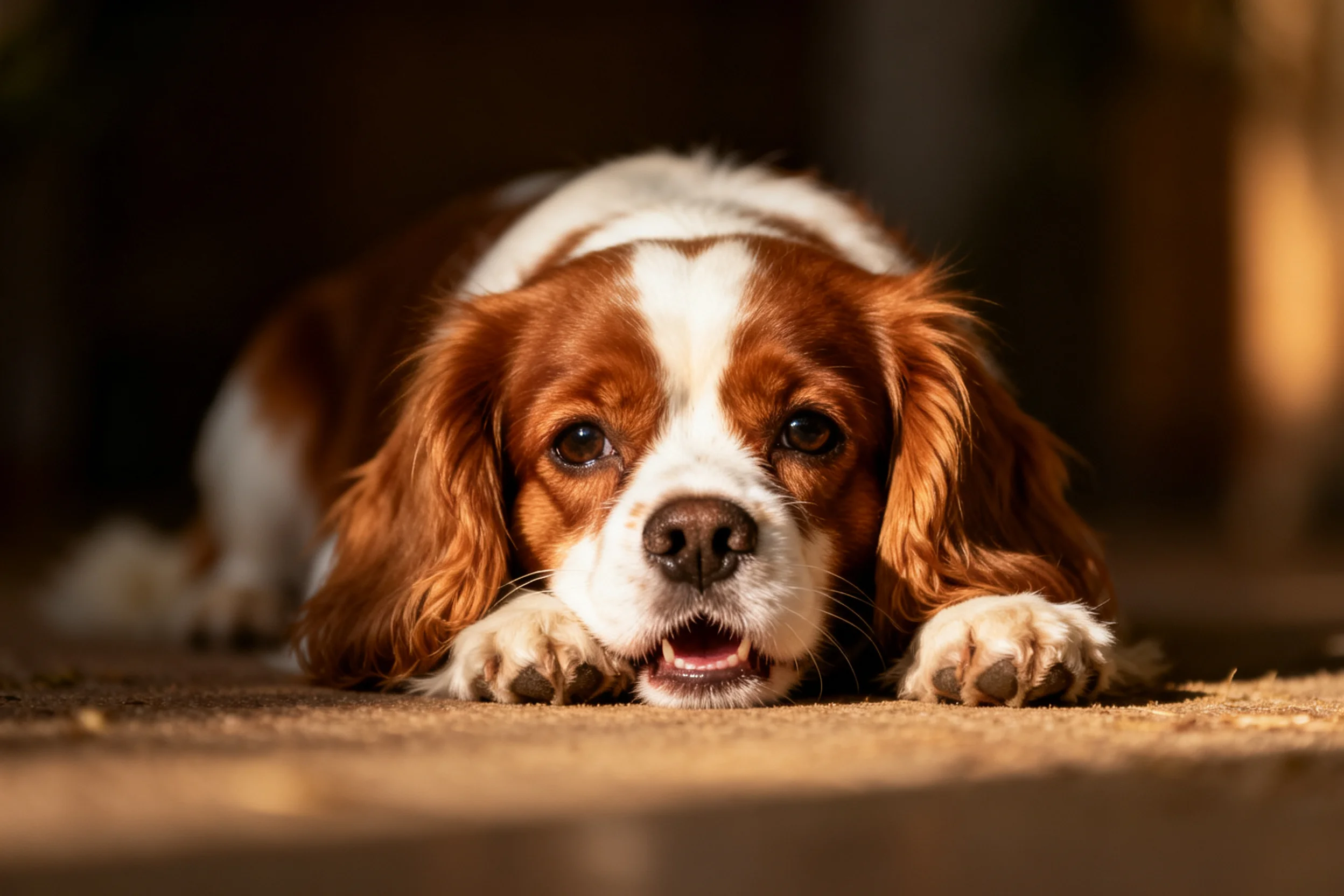 可卡犬趴在木质地面上,红白相间的被毛柔软,前爪向前可见。