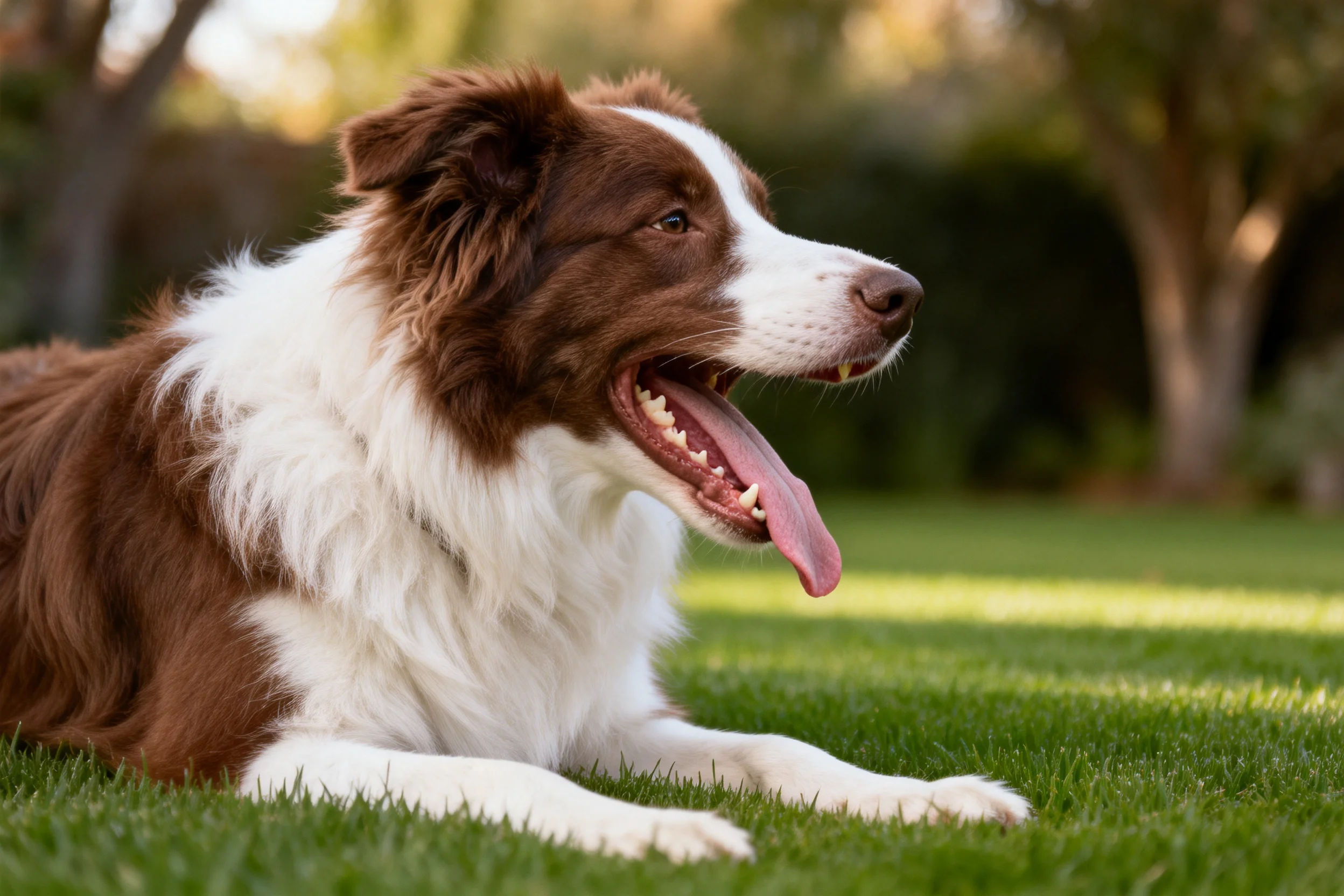 边境牧羊犬张着嘴巴,舌头伸出,白色与棕色相间的毛发清晰可见。