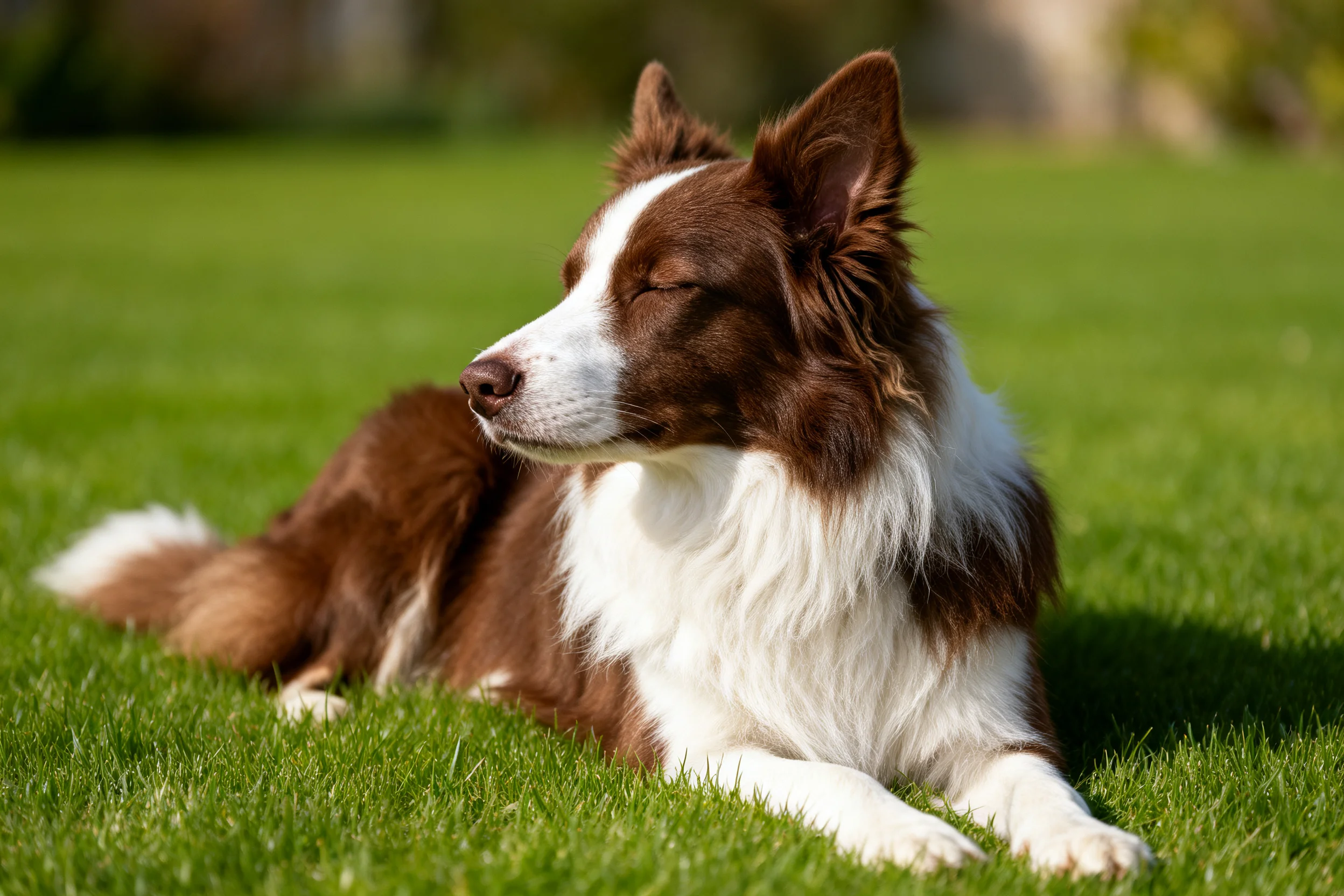 边境牧羊犬闭眼躺卧在绿草上,棕白相间的皮毛清晰可见。