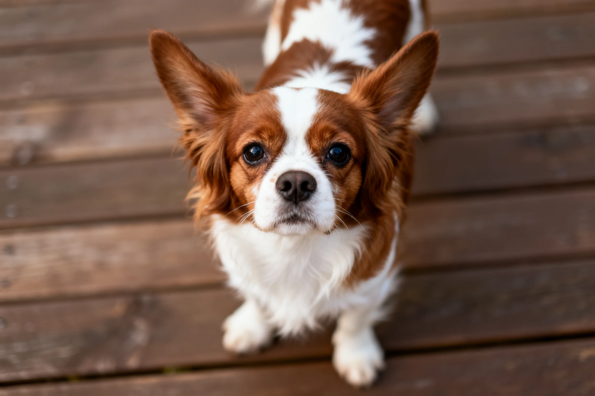 查理王小猎犬站在木质平台上,棕白相间的毛发柔软蓬松,耳朵竖立着面向镜头。