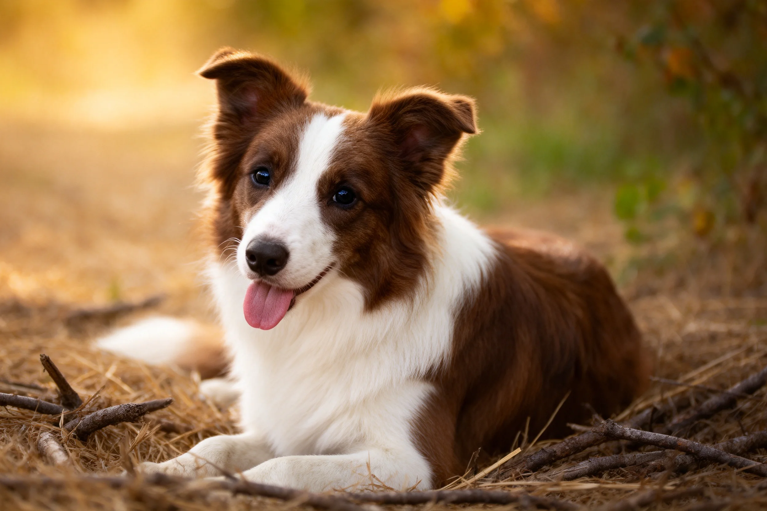 一只棕白相间的边境牧羊犬，毛发柔软，正安静地躺卧在户外环境中。