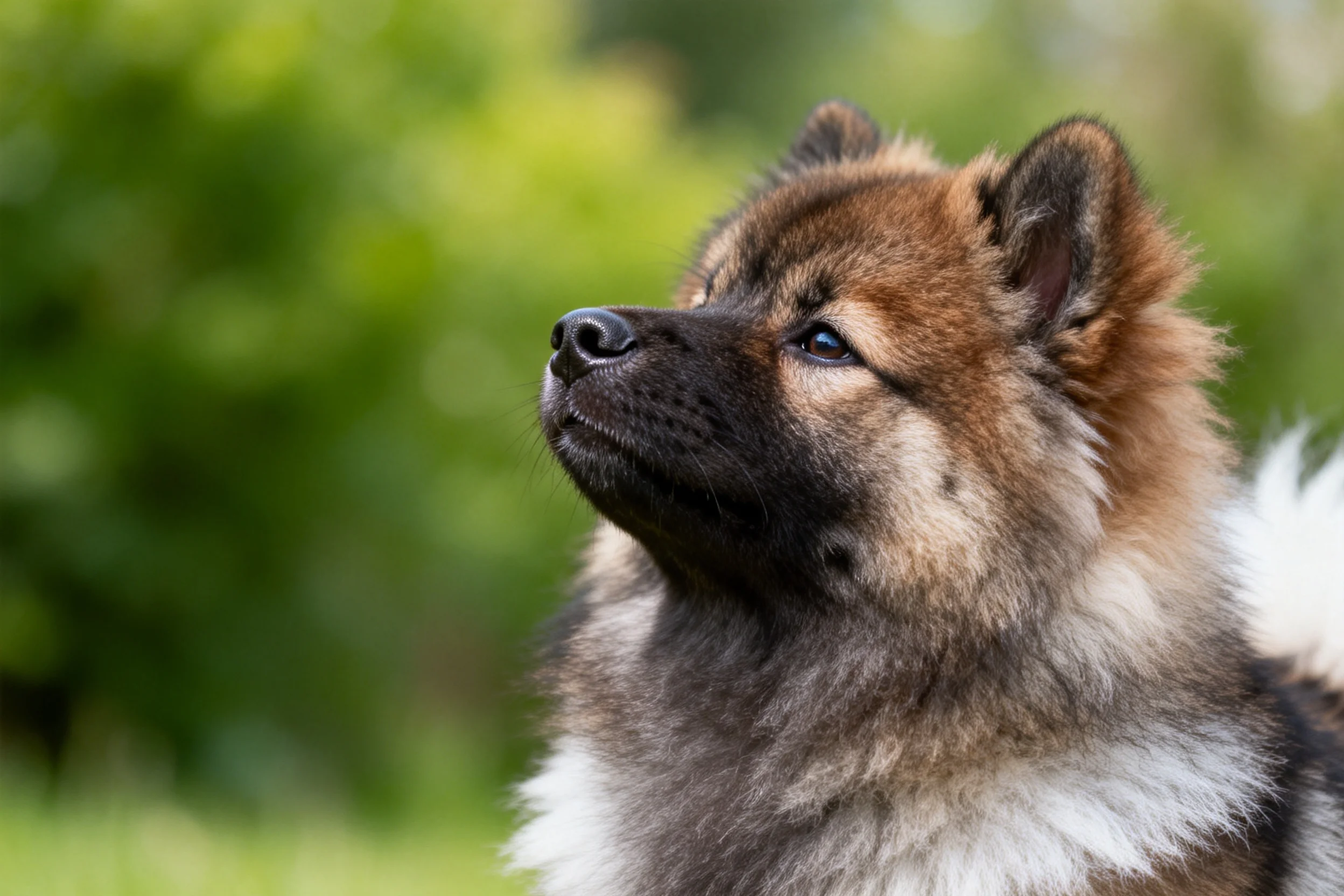 一只凯斯霍恩犬，棕黑相间的毛发，抬头凝视远方，毛发蓬松柔软。