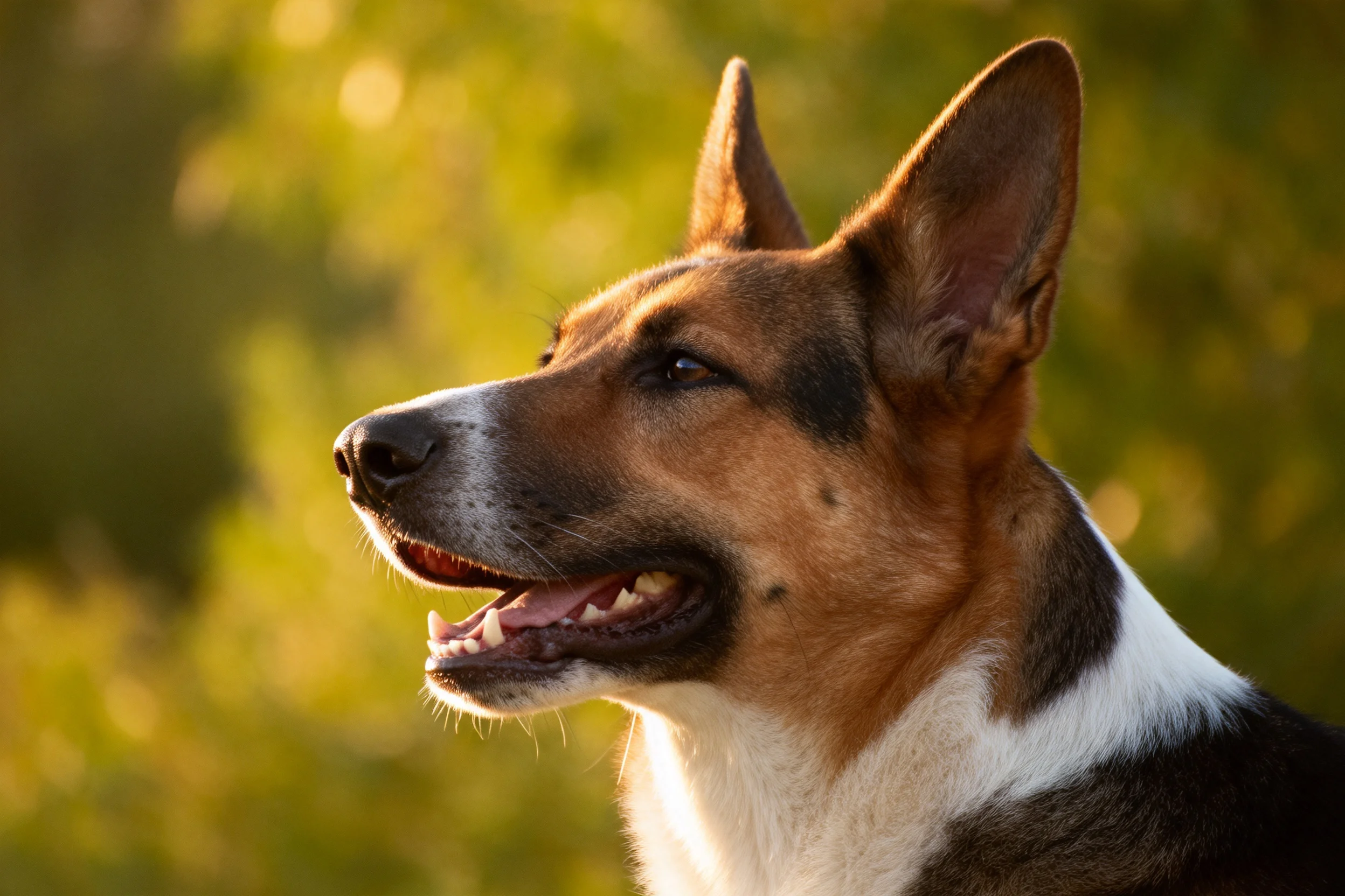 三色中型牧羊犬嘴巴微张,棕褐、黑色与白色相间的被毛在光下清晰可见。