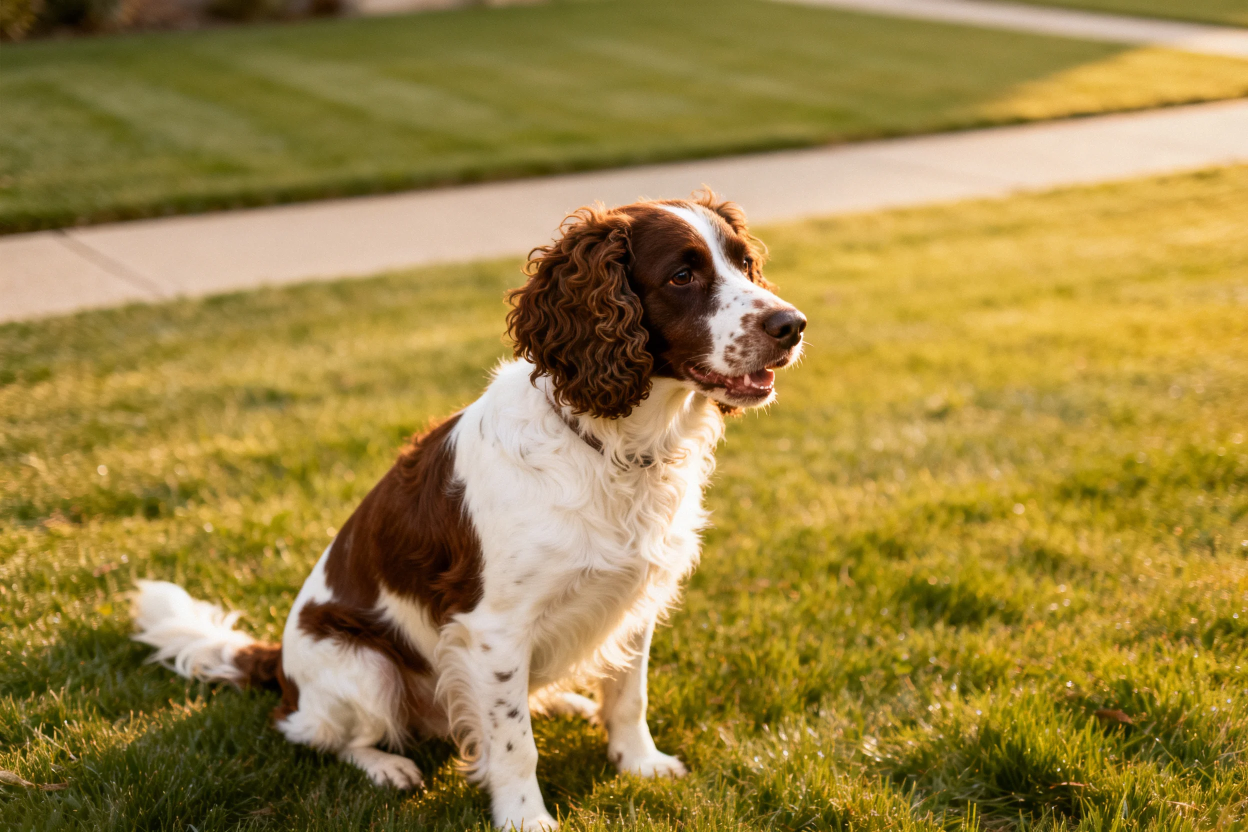英国史宾格犬安静坐着,白色与棕色相间的被毛在光下显得柔软,卷曲的耳朵清晰可见。