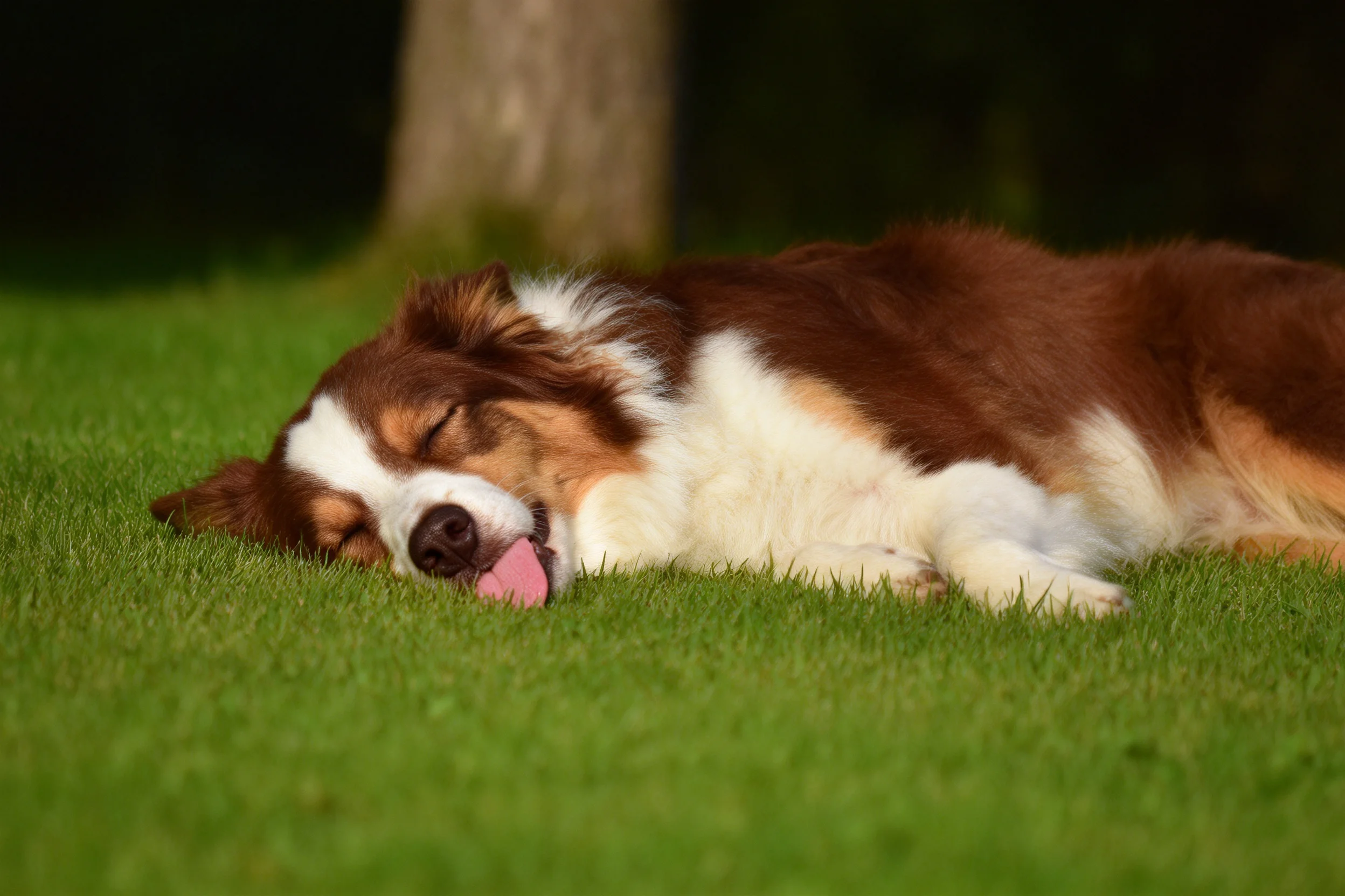 边境牧羊犬安静躺着躺着,白色与棕色相间的毛发贴在草地上,舌头微微露出一点。