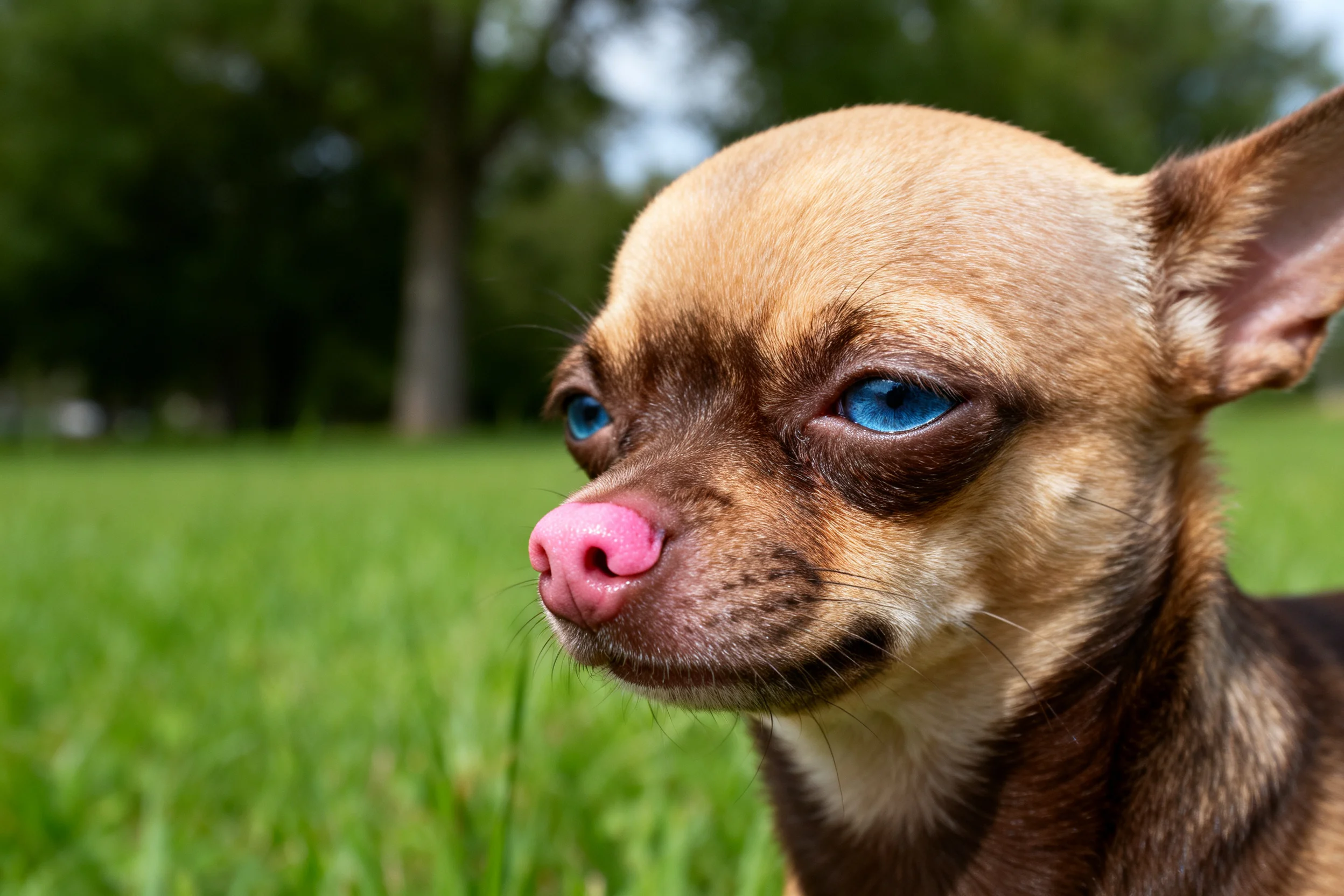 吉娃娃犬有着粉色的鼻尖和明亮的蓝色眼睛，毛发短而顺滑。