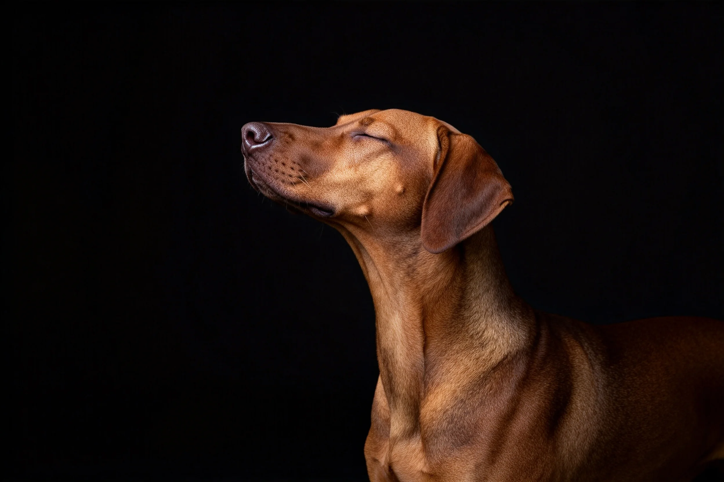 非洲猎犬双眼轻闭,红棕色被毛在纯黑背景下显得格外醒目,面部轮廓清晰可见。