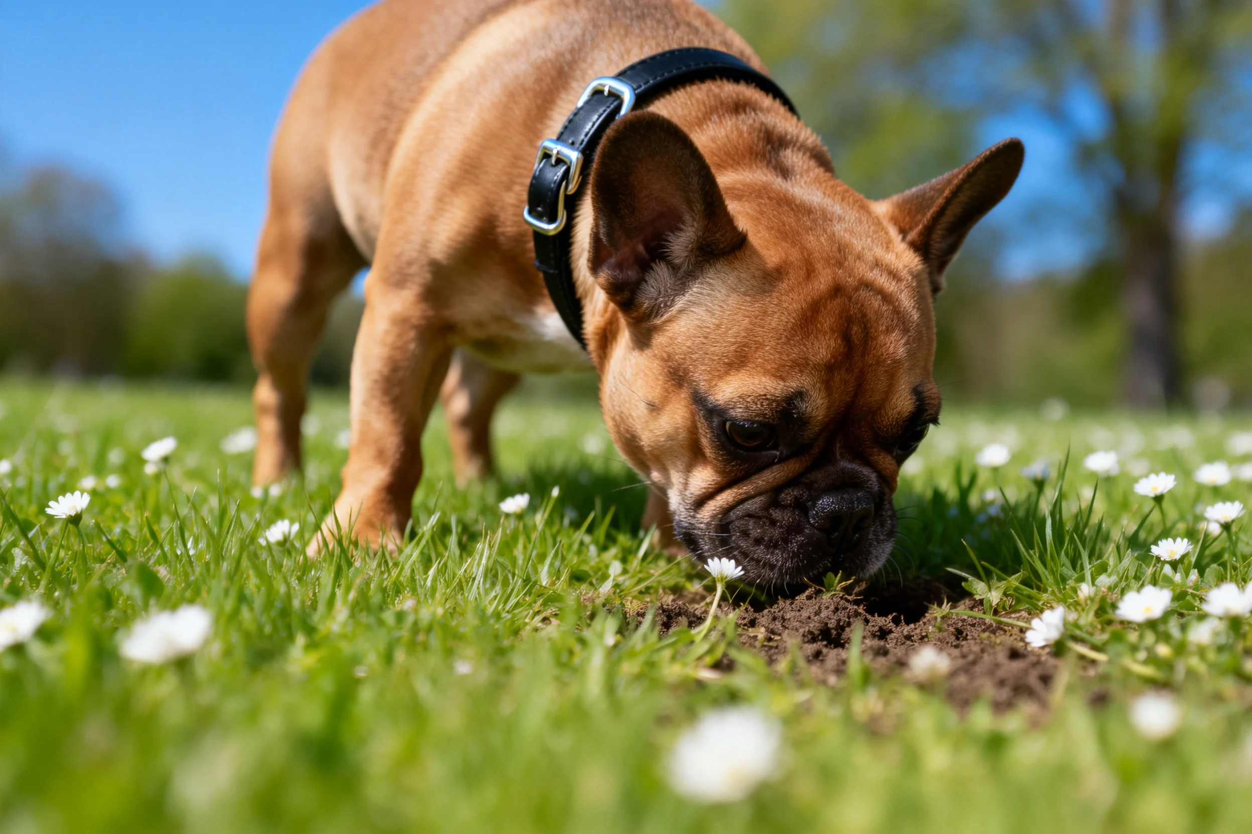 法国斗牛犬低头用鼻尖触碰泥土,红褐色被毛与草地形成鲜明对比。