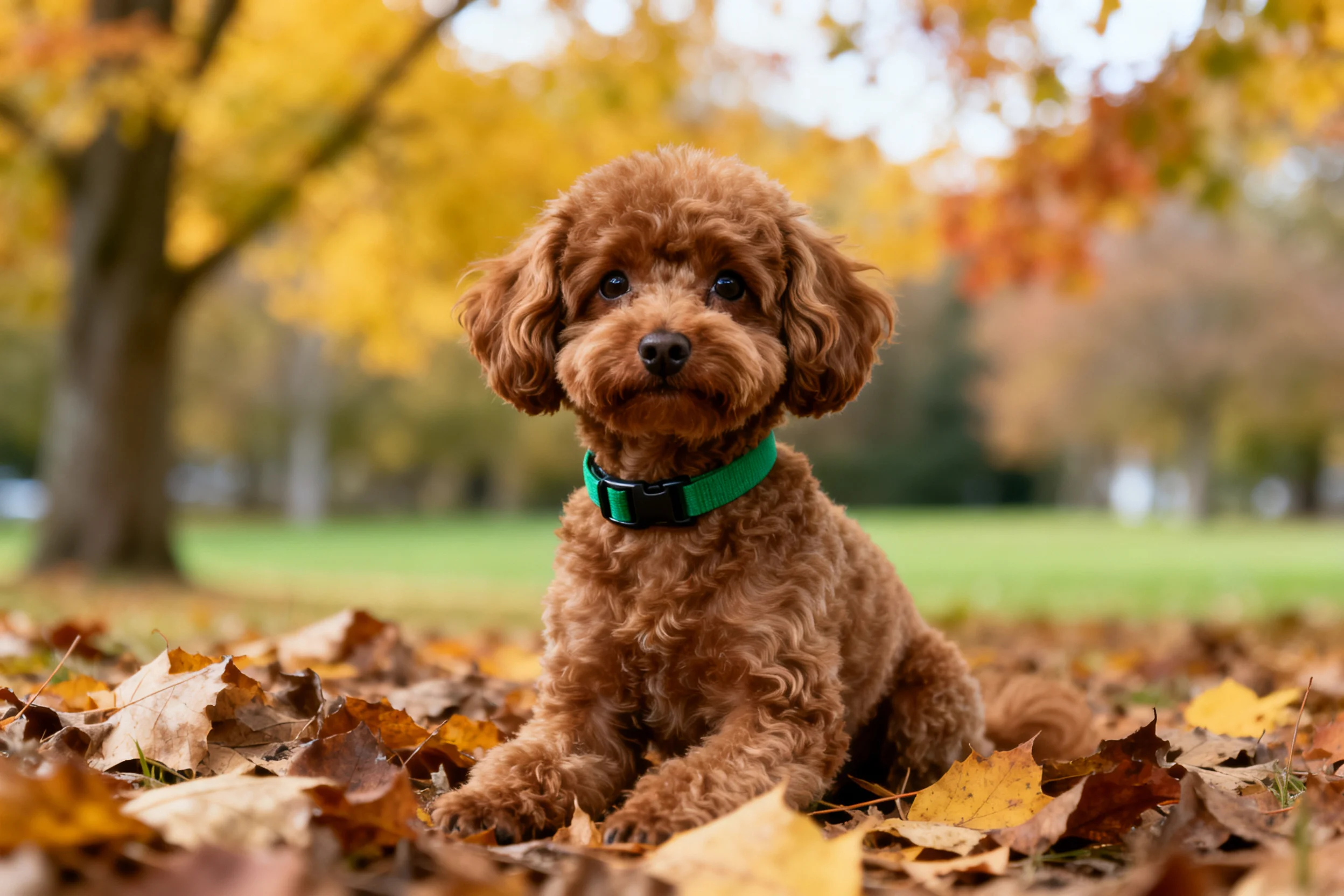 玩具贵宾犬戴着绿色项圈坐在彩色秋叶中,棕色卷曲毛发清晰可见。