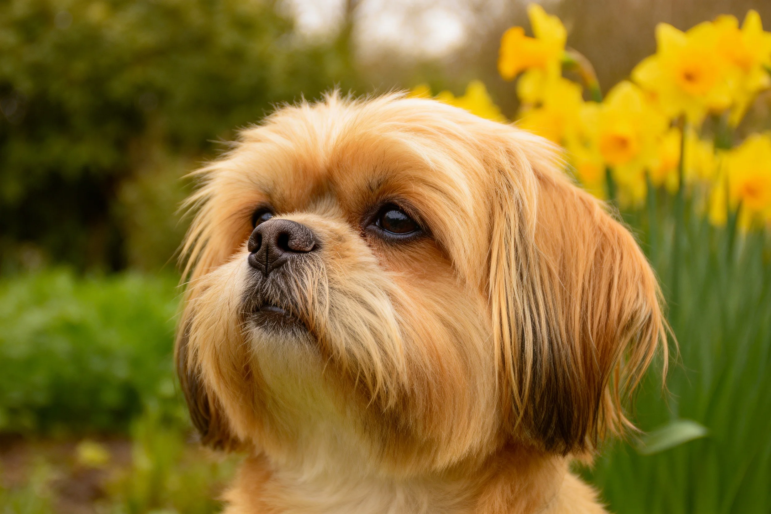 Lhasa Apso 浅棕色长毛覆盖全身,眼睛专注,周围环绕着黄色花卉。