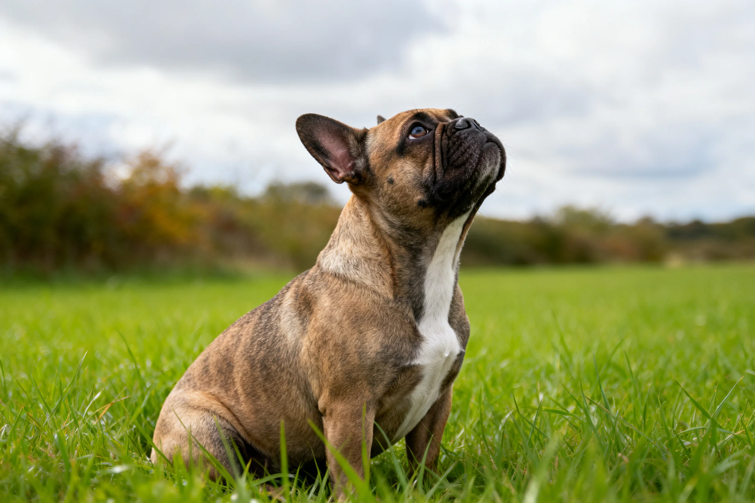 法国斗牛犬抬头仰望,浅棕色带白色斑纹的毛发清晰可见。
