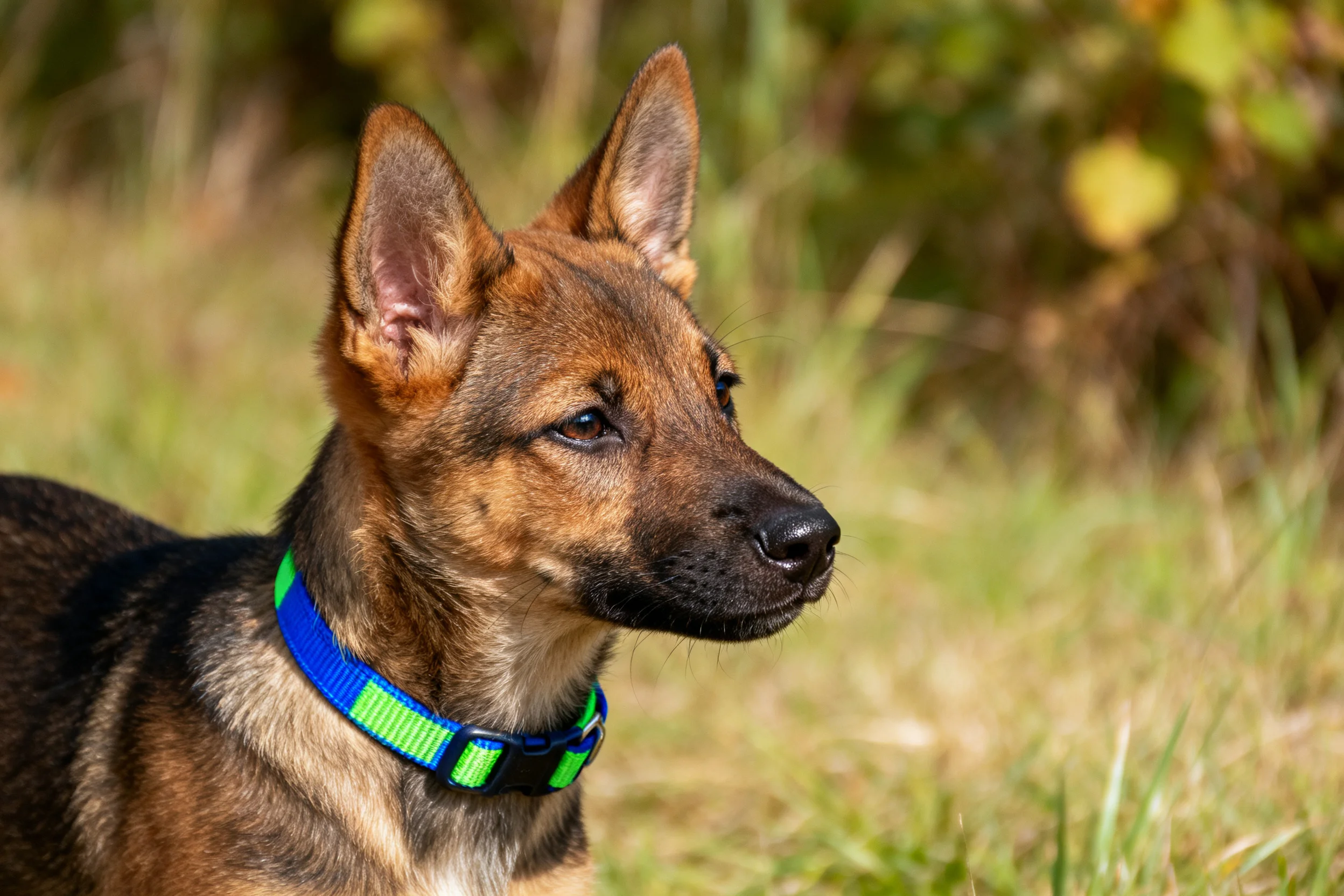 德国牧羊犬幼犬佩戴蓝绿色项圈,耳朵竖立,面部棕褐色与黑色毛发分明,处于户外草地环境中。