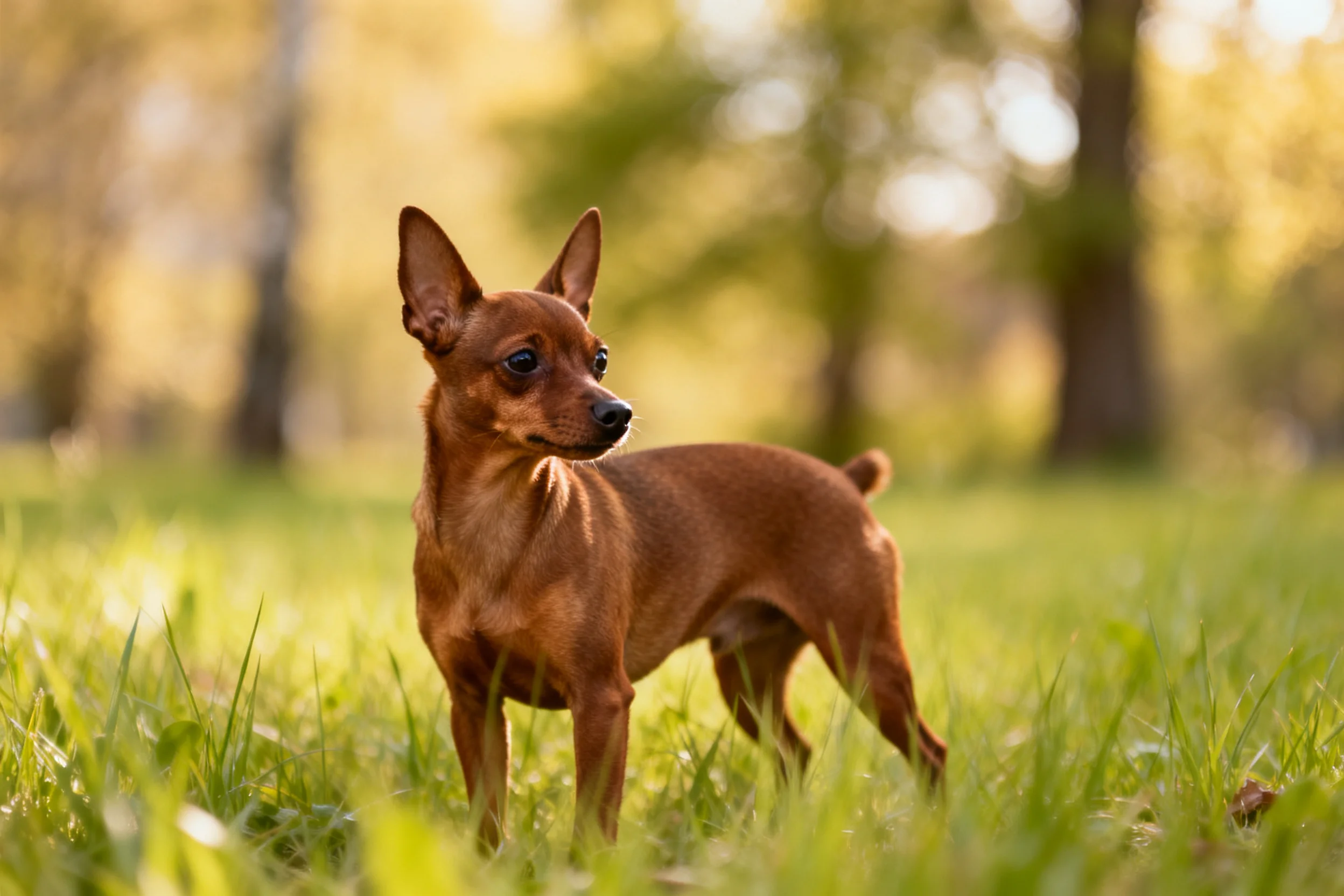 迷小品犬红棕色短毛顺滑贴身,警觉地站立在阳光草地中。