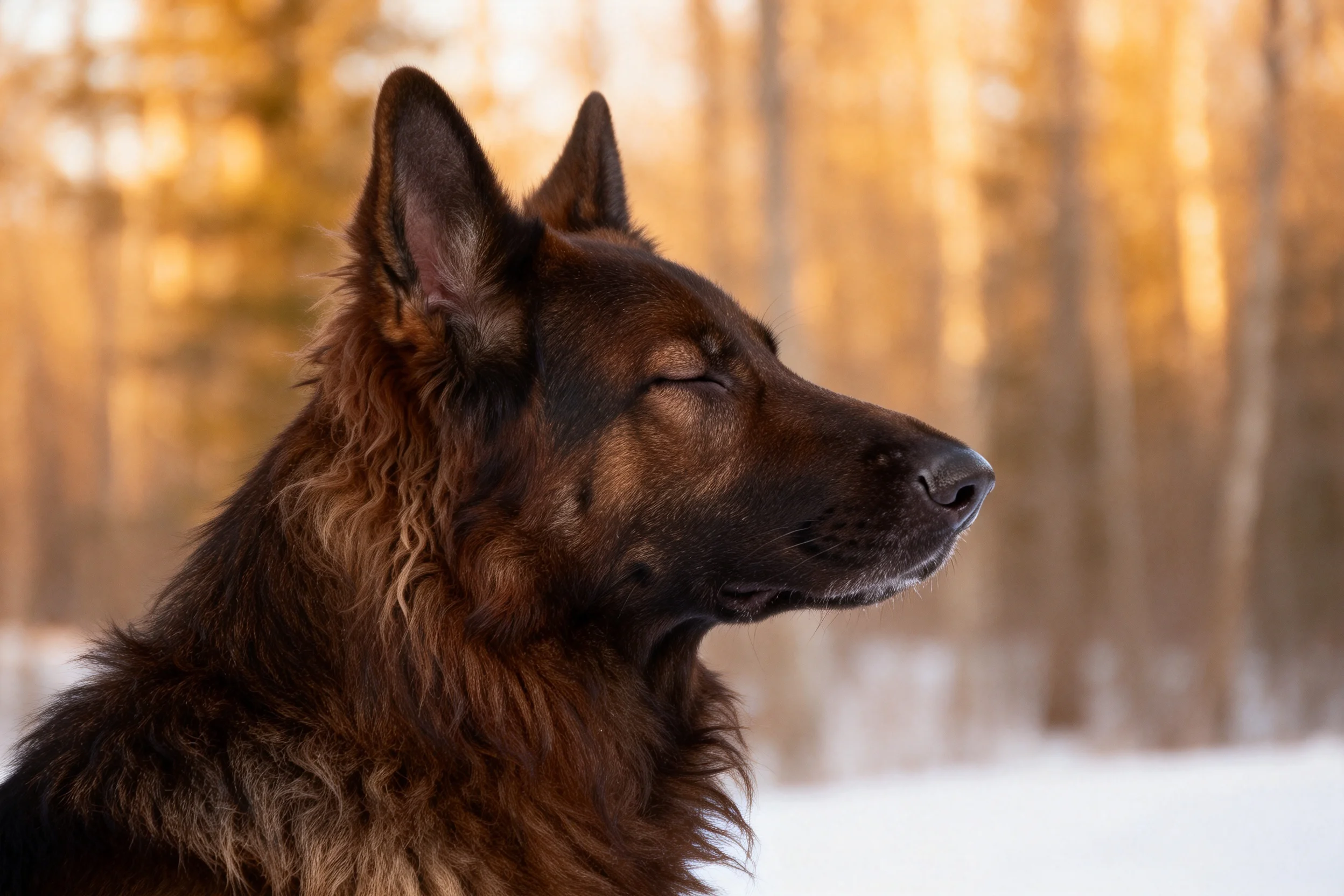 德国牧羊犬侧视时,深棕色毛发带有浅色斑纹,耳朵竖起,处于雪地环境之中。