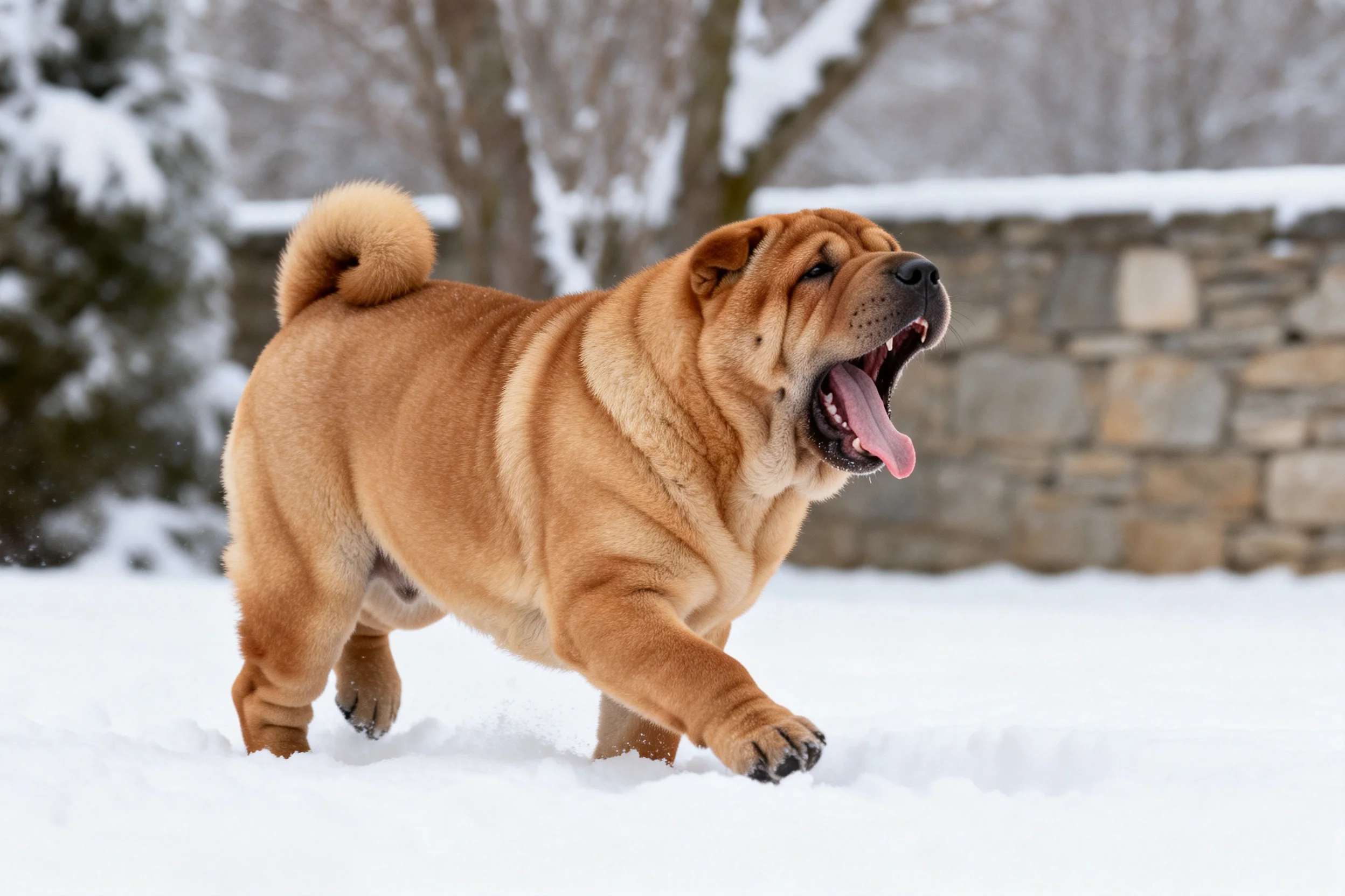 沙皮犬在雪地中行走,嘴巴张开,浅棕色毛发带有褶皱纹理。