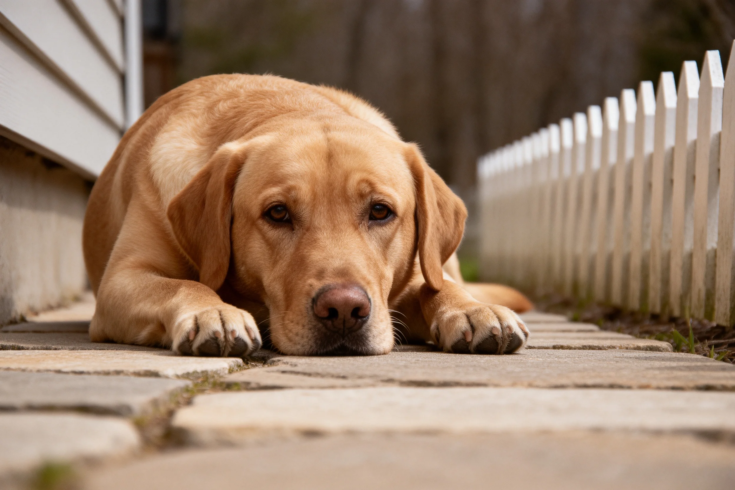黄色拉布拉多猎犬将头部轻靠在前爪之间,浅棕色毛发柔软贴附在砖石路面上。